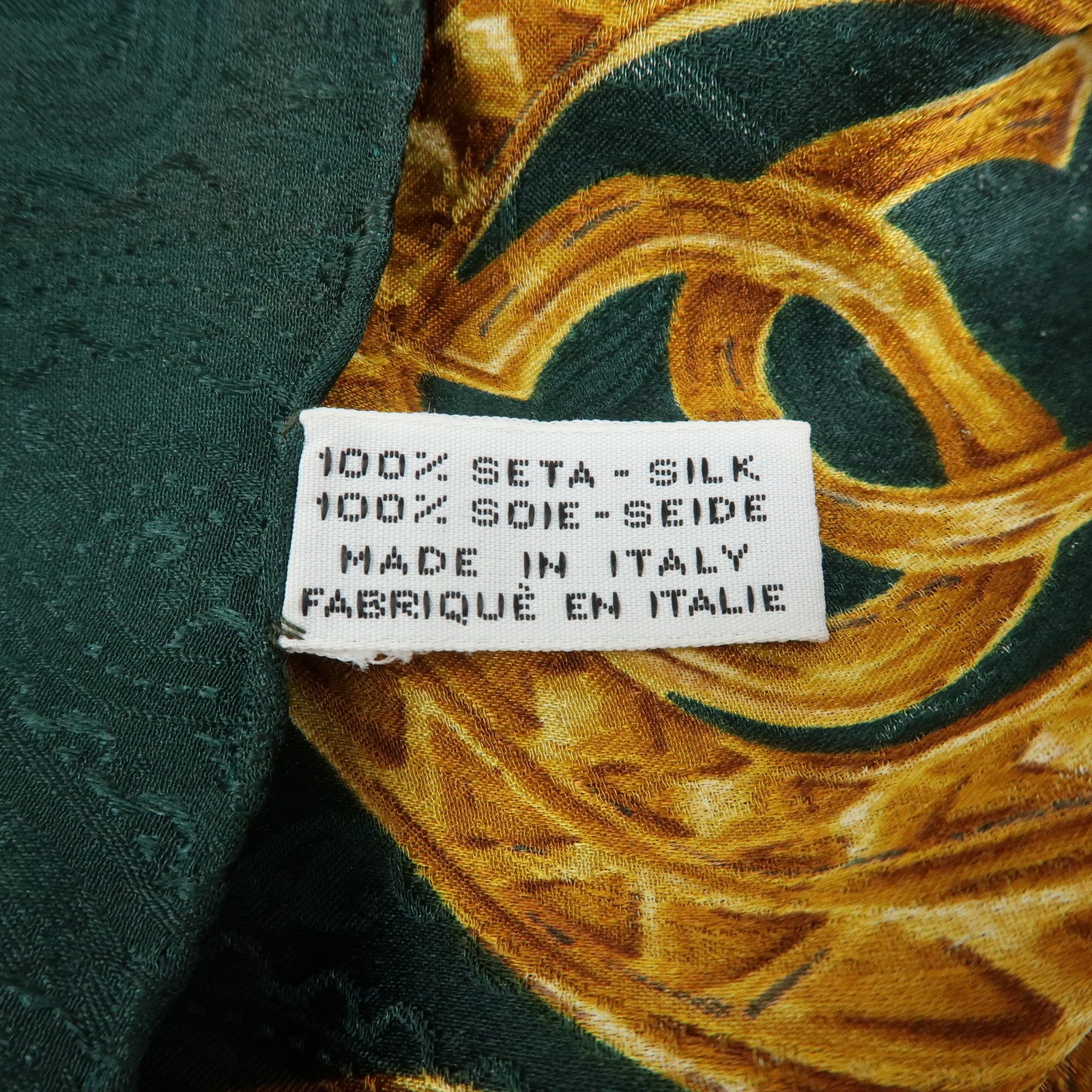 CHANEL COCO Mark Silk 100% Scarf Green Gold