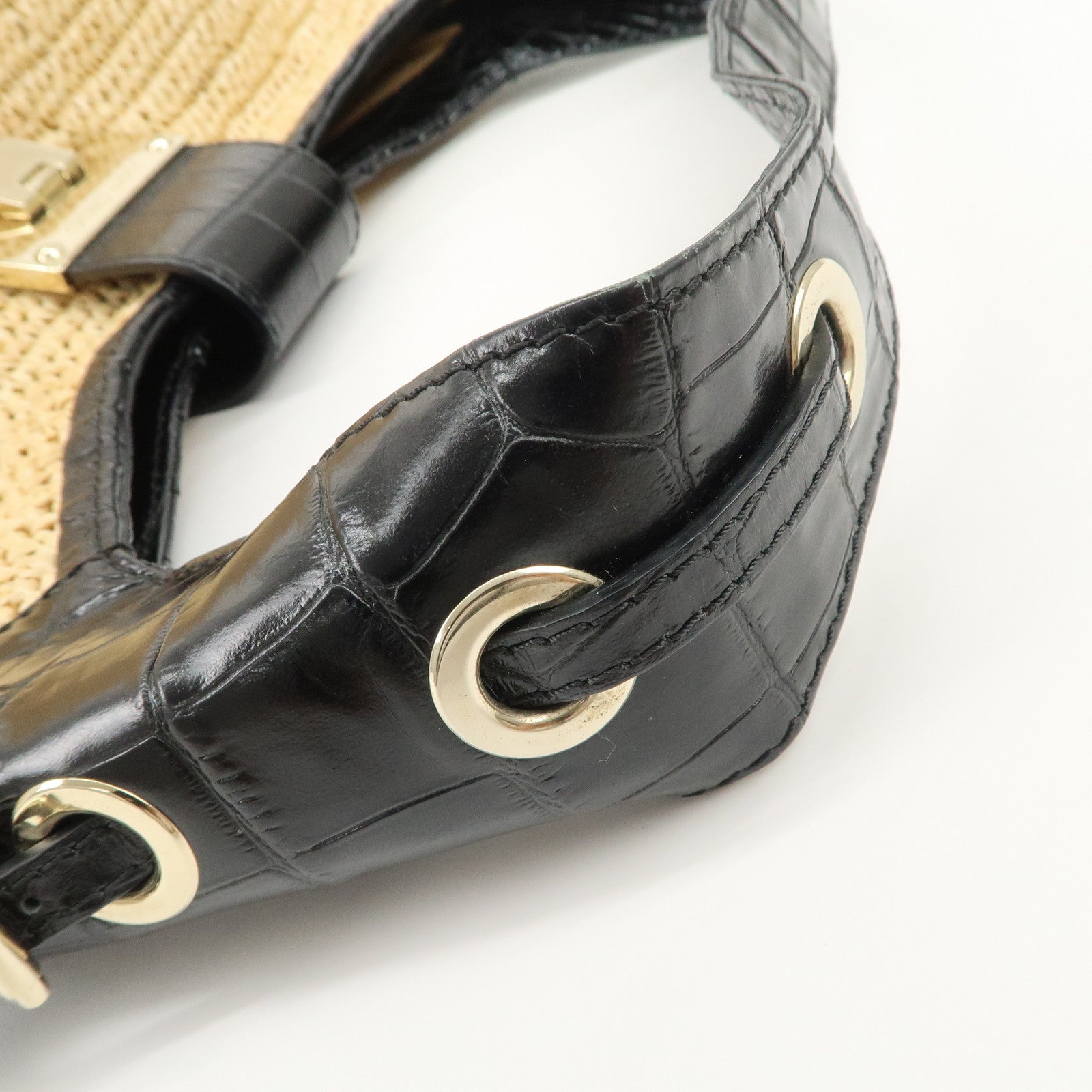 JIMMY CHOO Raffia Embossed Leather One Shoulder Bag Natural Black