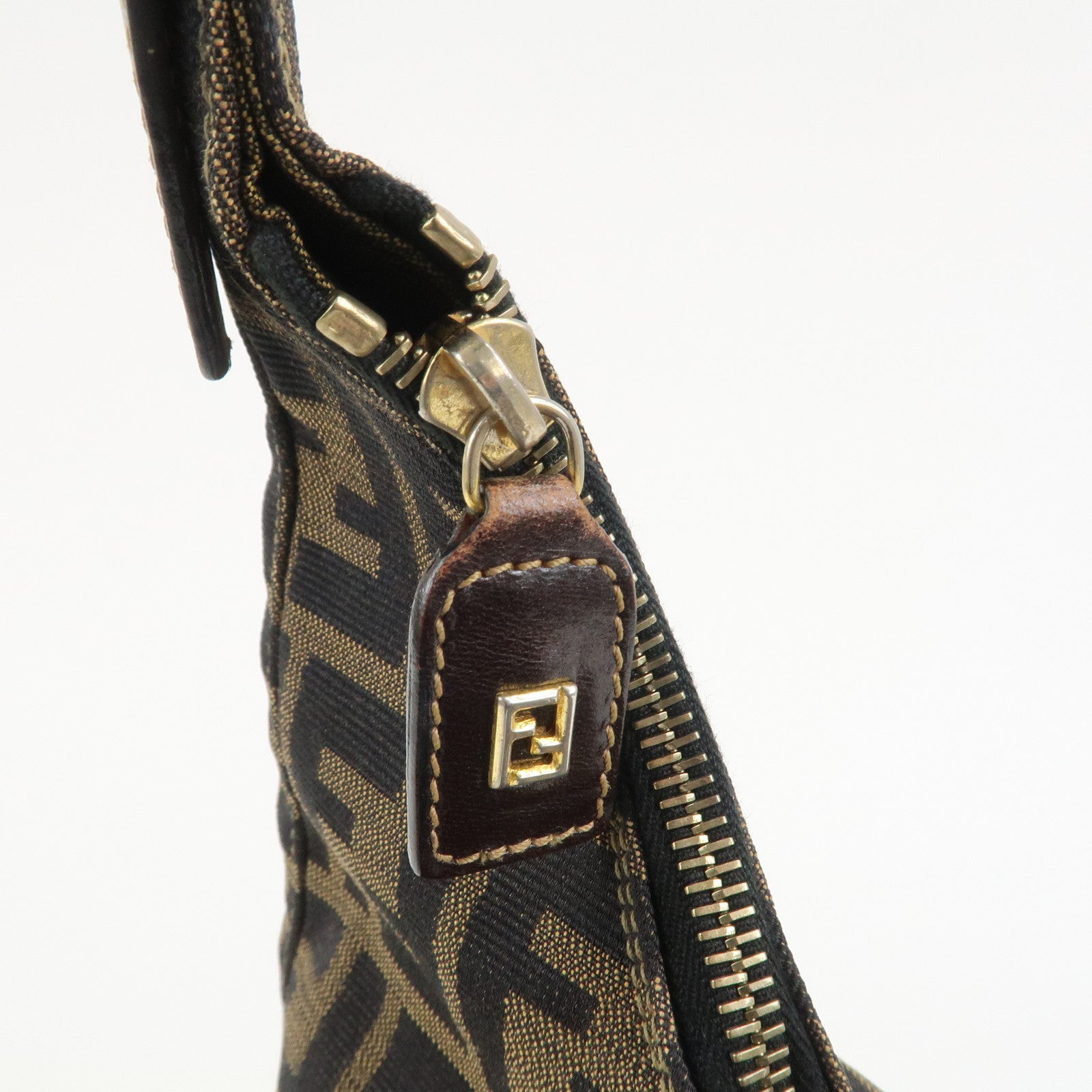 FENDI Zucca Canvas Leather Shoulder Bag Hand Bag Brown Black