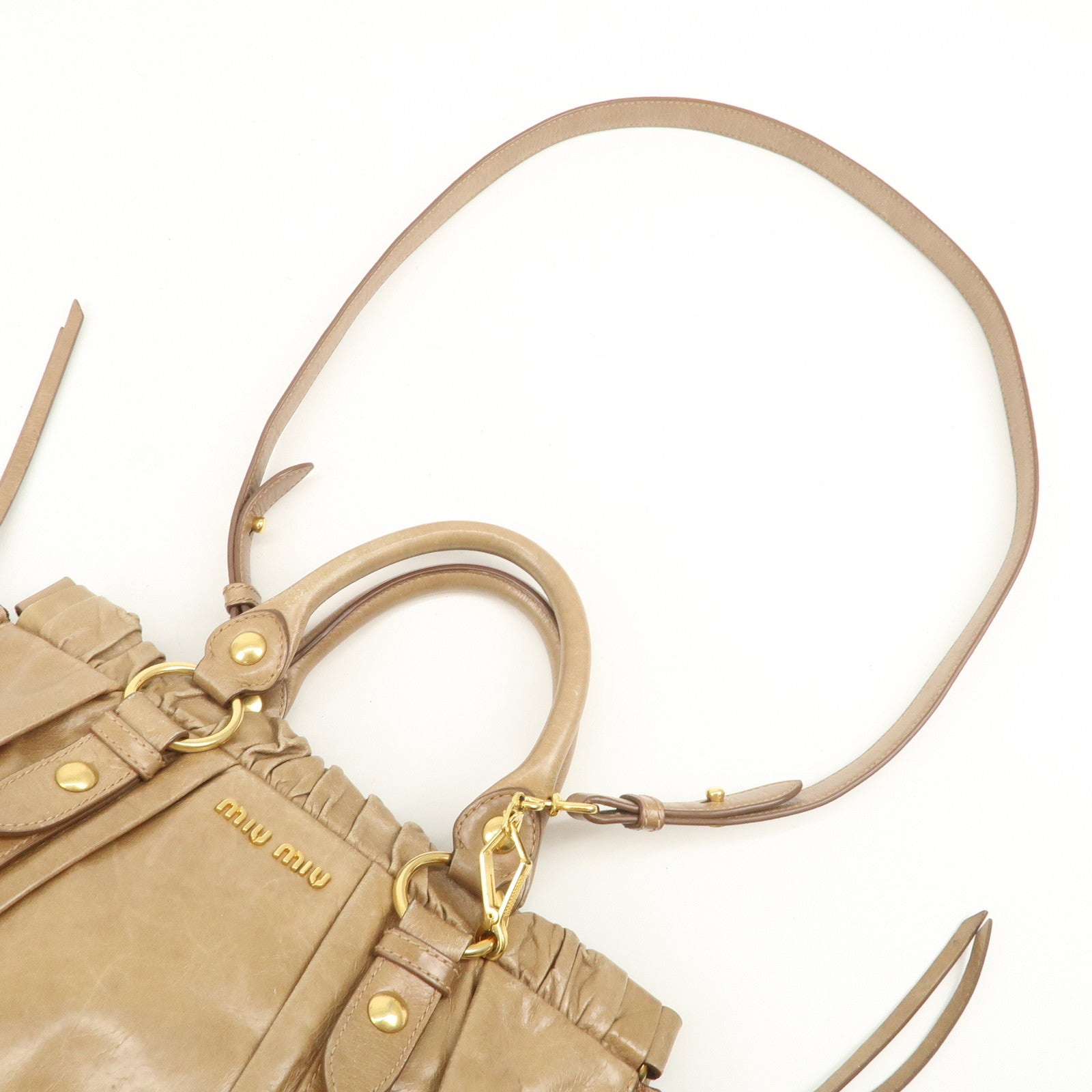 MIU MIU Leather 2Way Gathered Hand Bag Shoulder Bag Brown RT0383