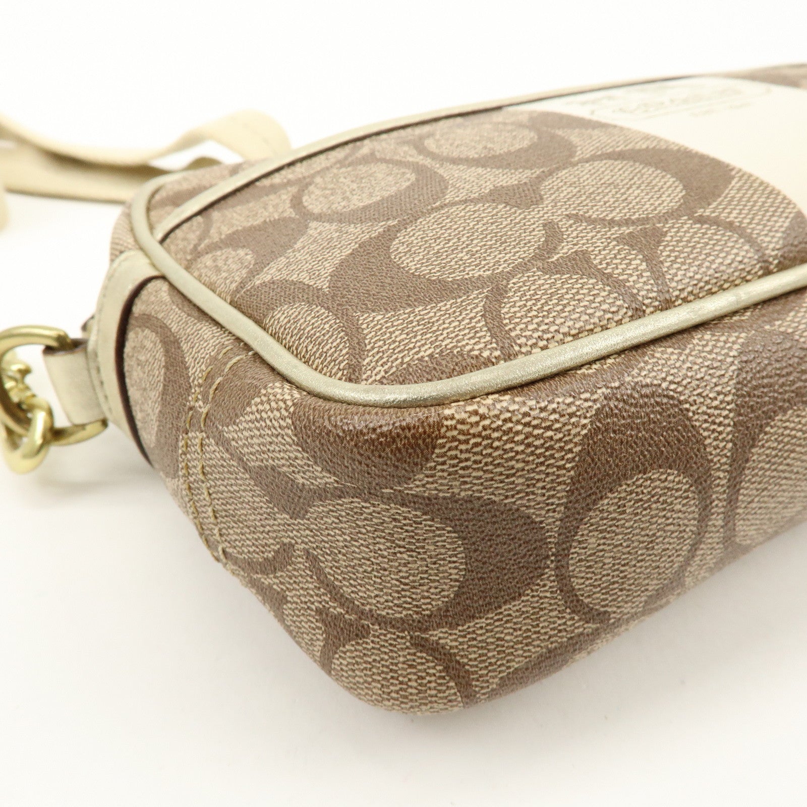 COACH Signature PVC Coated Canvas Leather Shoulder Bag Beige Gold