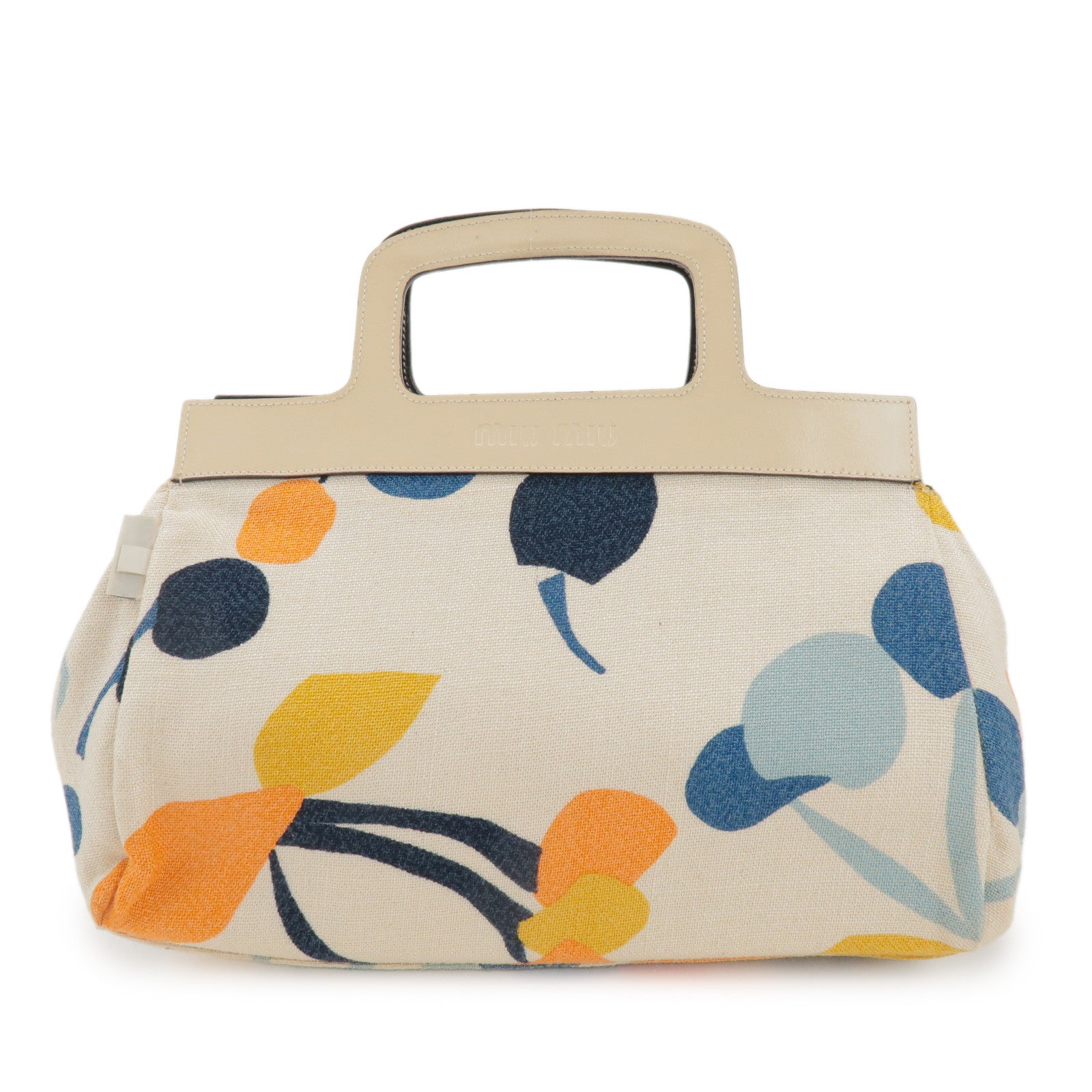 MIU MIU Madras Leather Canvas Reversible Hand Bag Ivory Black