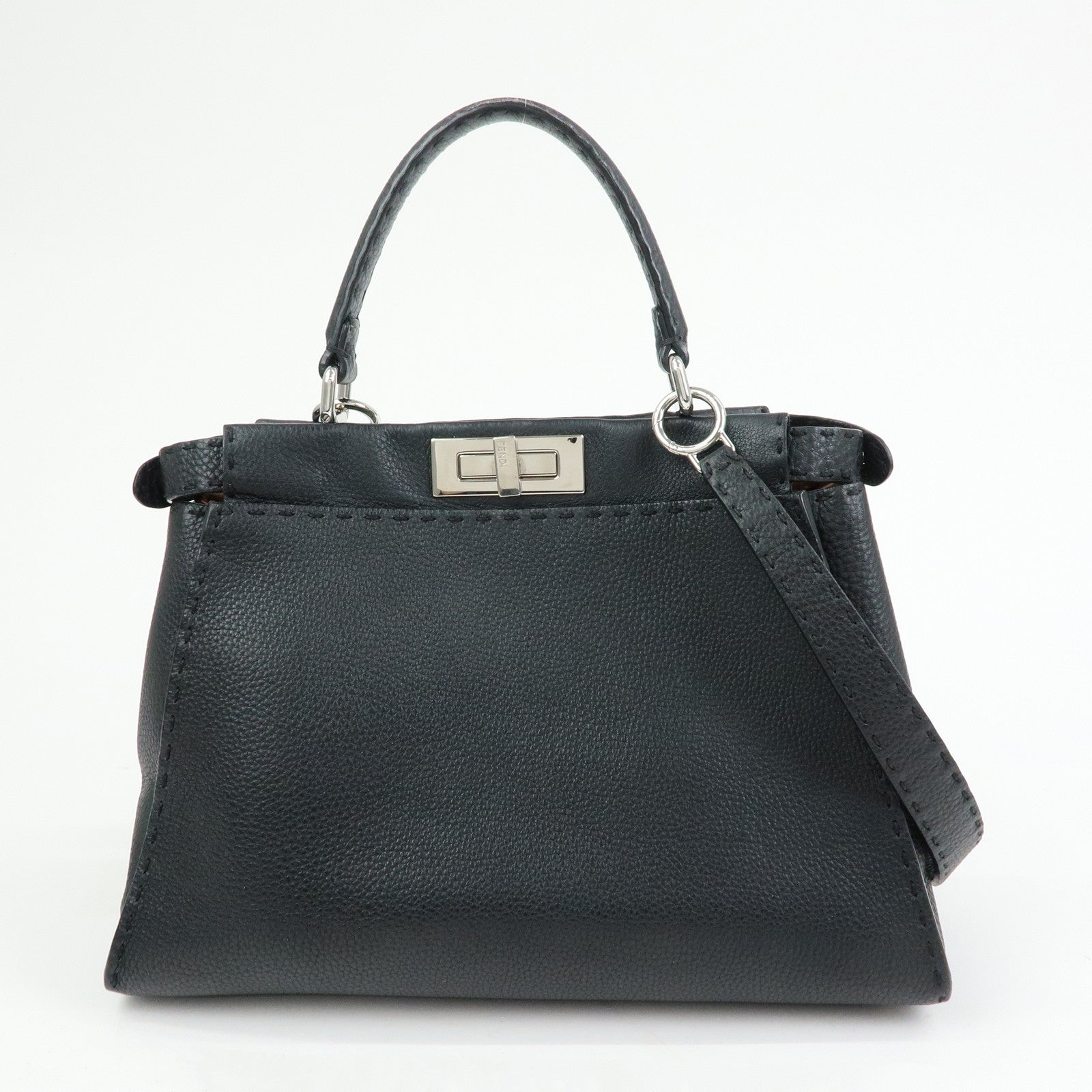 FENDI Peekaboo Selleria Leather 2Way Hand Shoulder Bag Black 8BN290