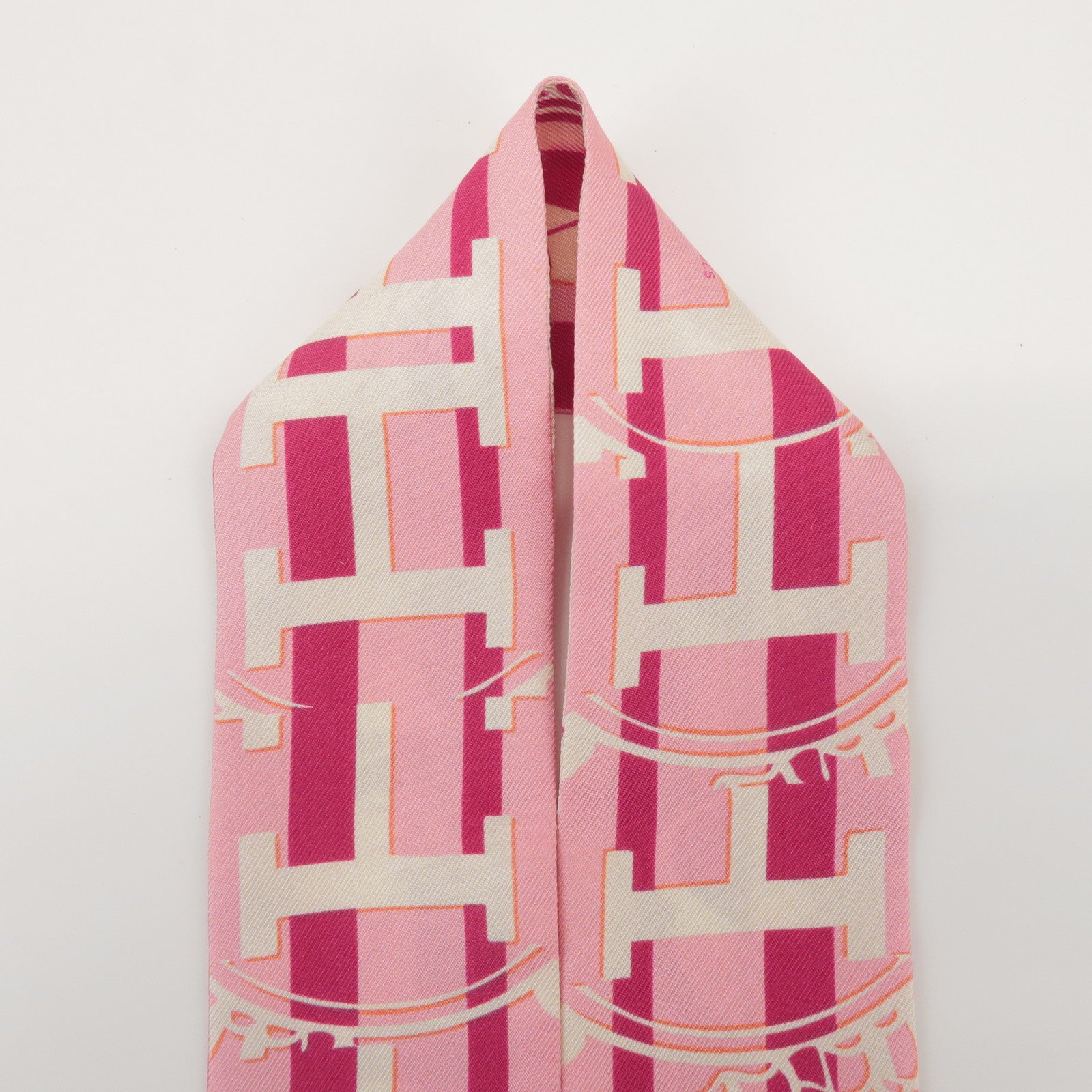 HERMES Twilly 100% Silk Scarf GINZA Logo Motif Pink White