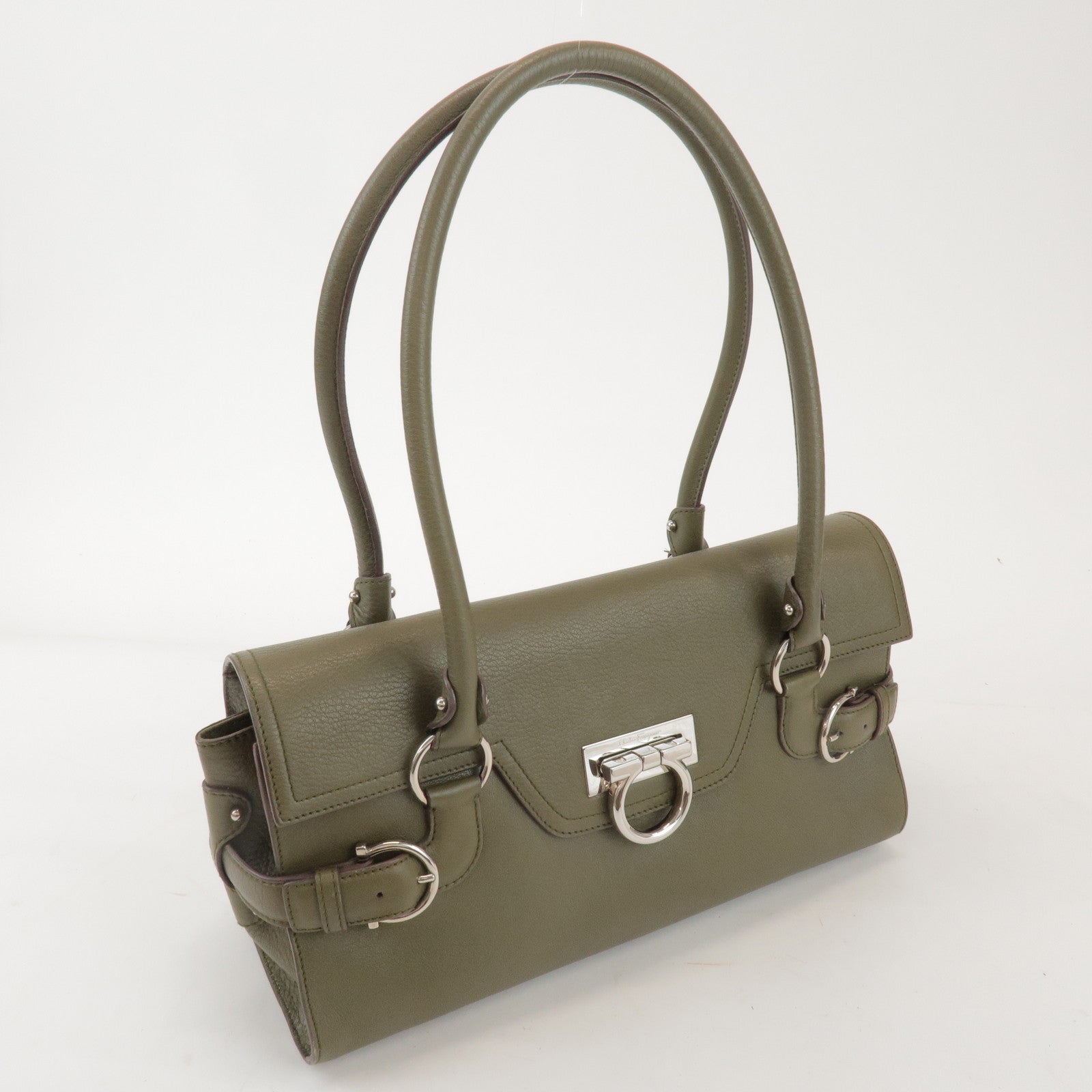 Ferragamo Gancini Leather Shoulder Bag Hand Bag Khaki
