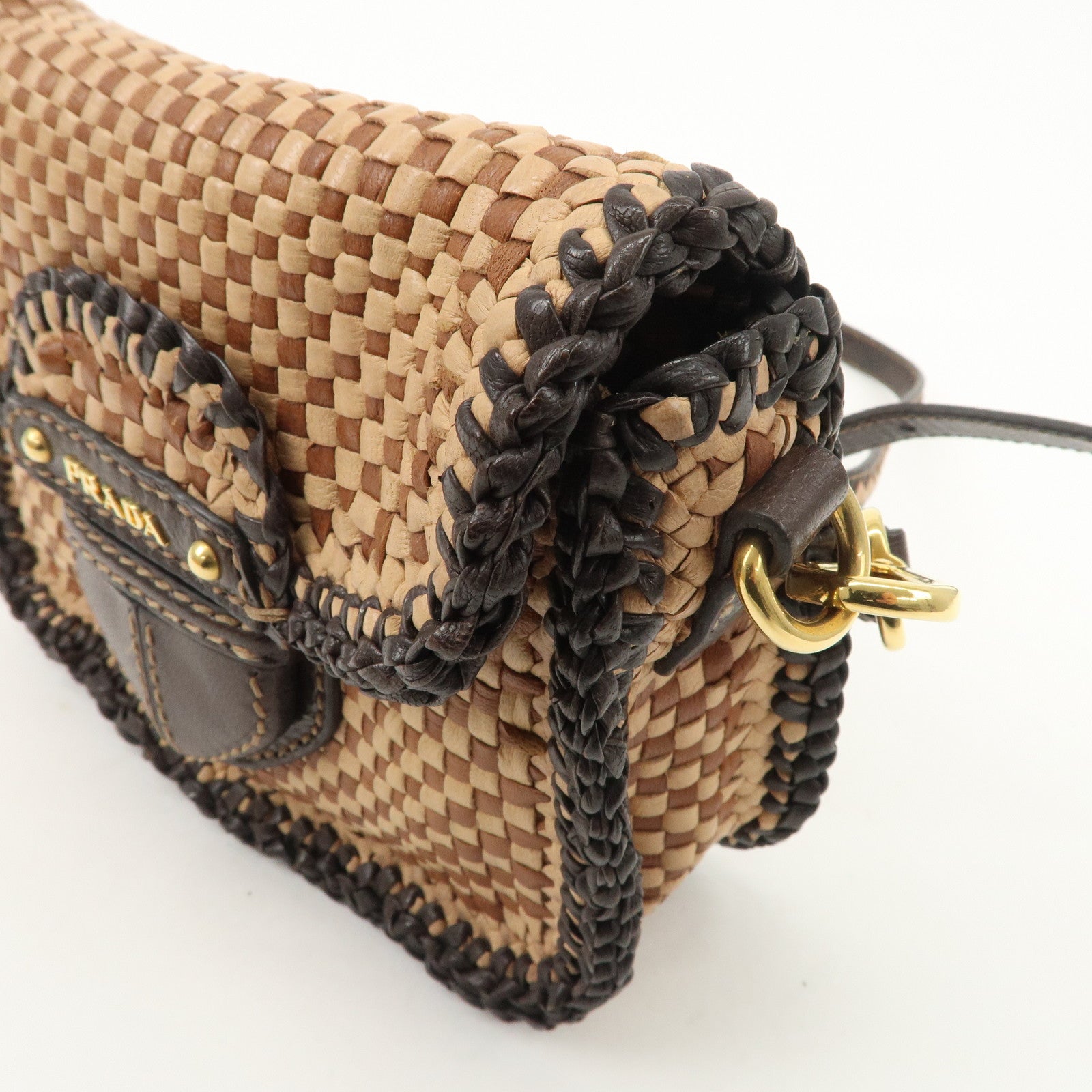 PRADA Madras Leather Shoulder bag Beige Brown BT781V Used