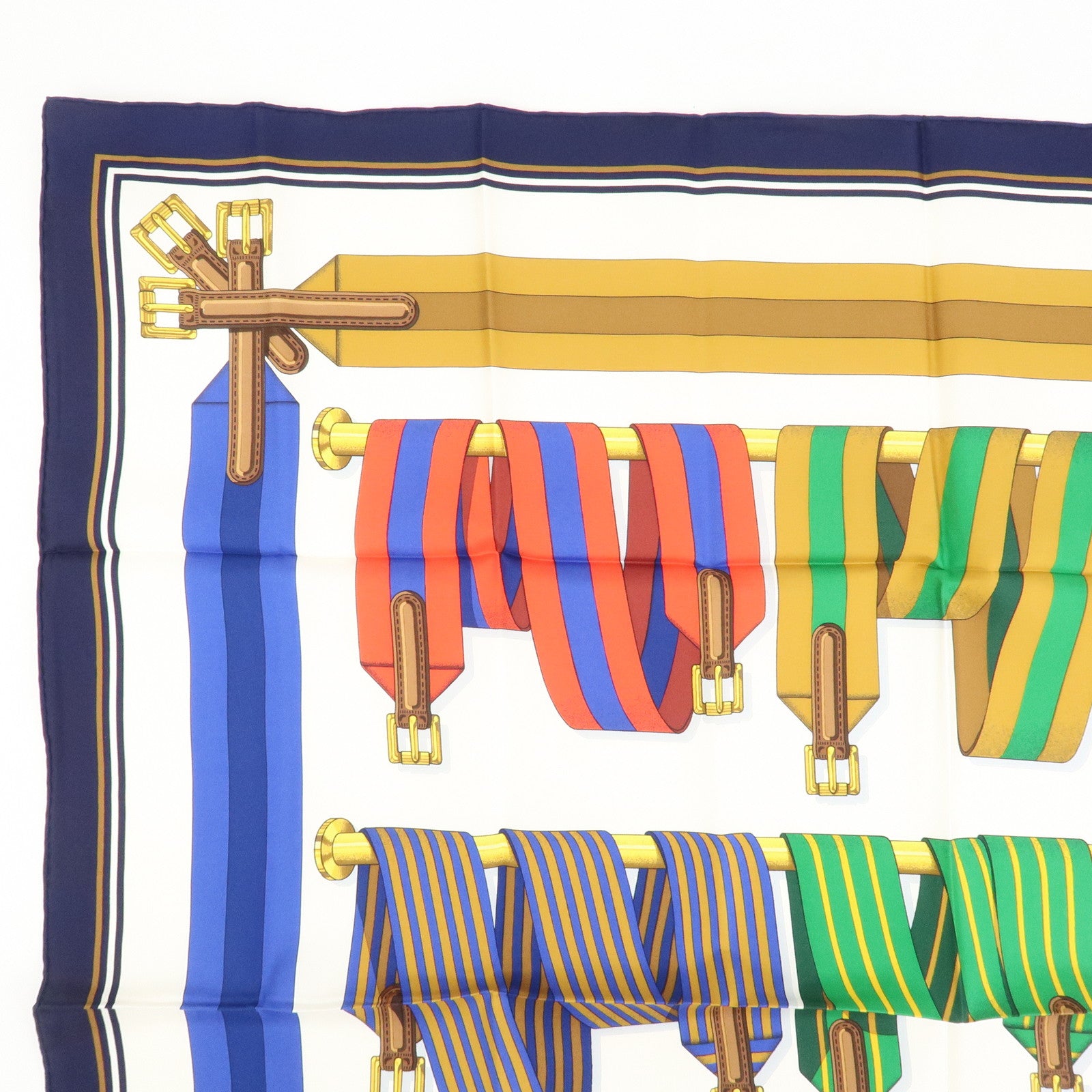 HERMES Carre 90 Silk 100% Scarf J.METZ Les Sangles White Navy