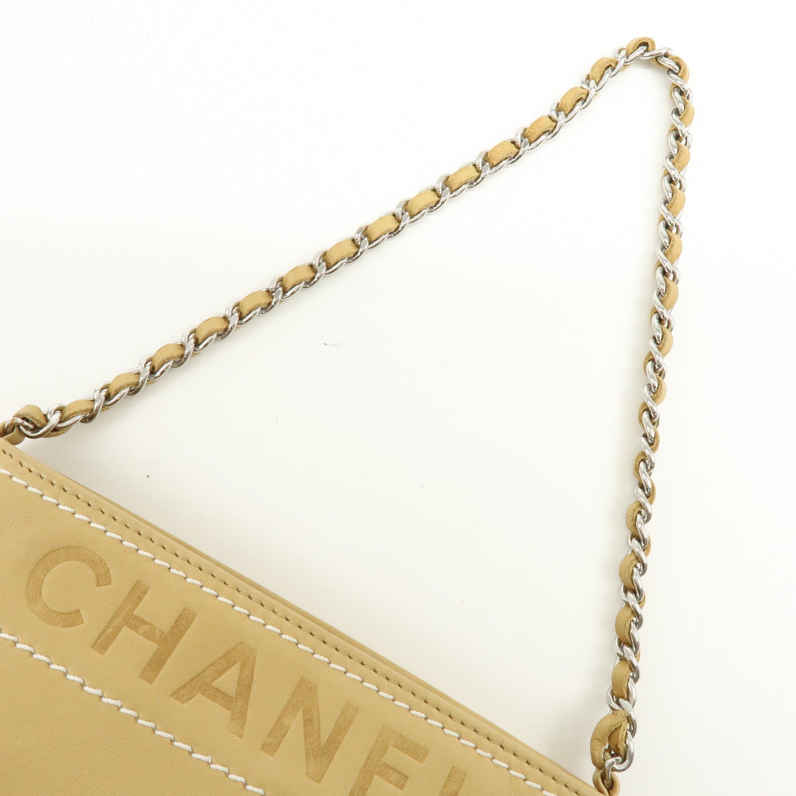 CHANEL Logo Lamb Skin Hand Bag Beige