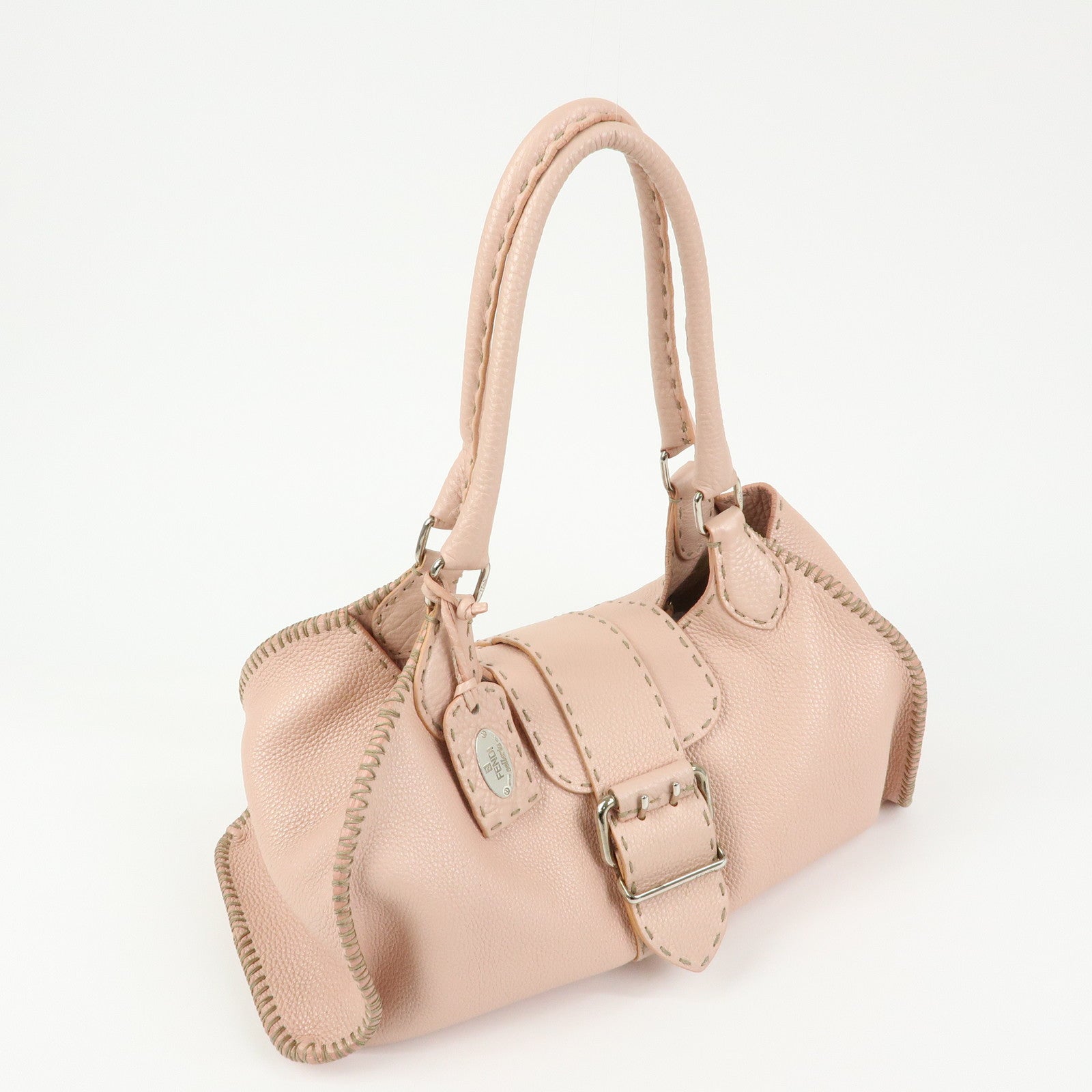 FENDI Selleria Stitches Leather Tote Bag Hand Bag Pink 8BR457