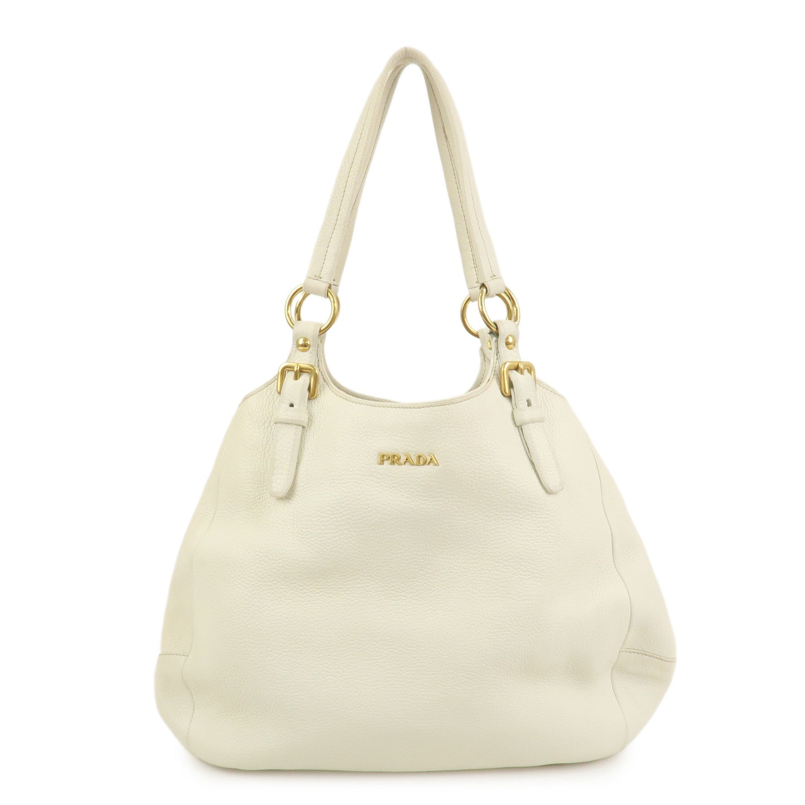 PRADA Logo Leather Shoulder Bag Hand Bag Ivory Gold BR4085