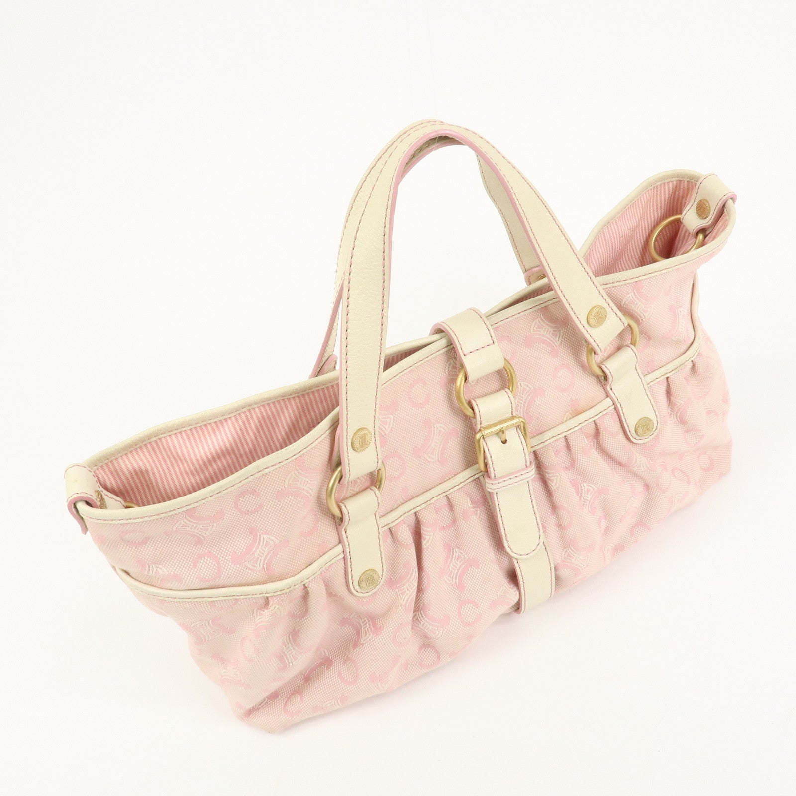 CELINE C Macadam Canvas Leather Tote Bag Shoulder Bag Pink Ivory