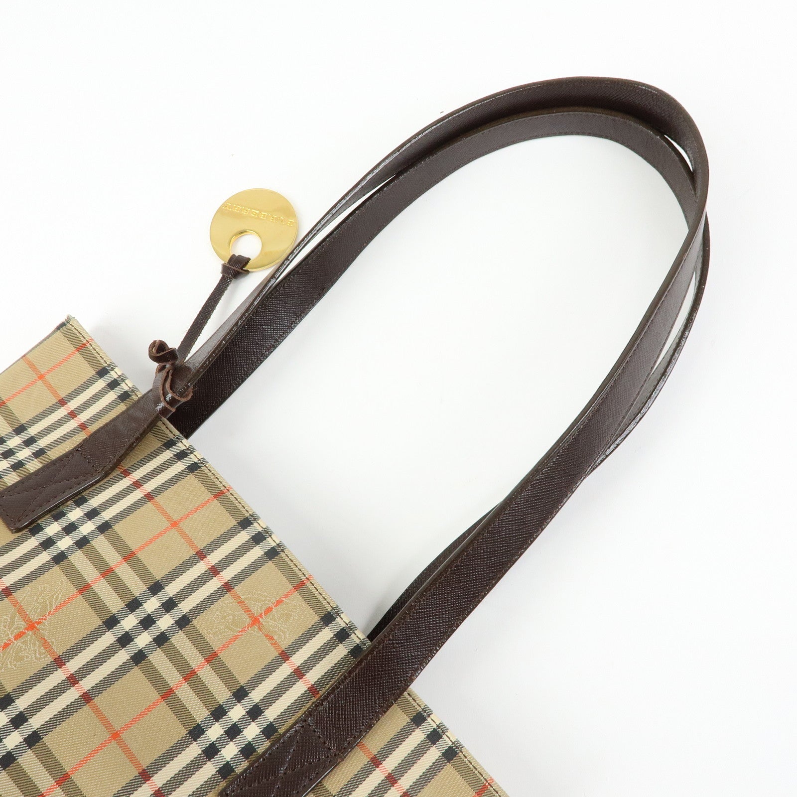 BURBERRY Nova Plaid Canvas Leather Tote Bag Shoulder Bag Beige