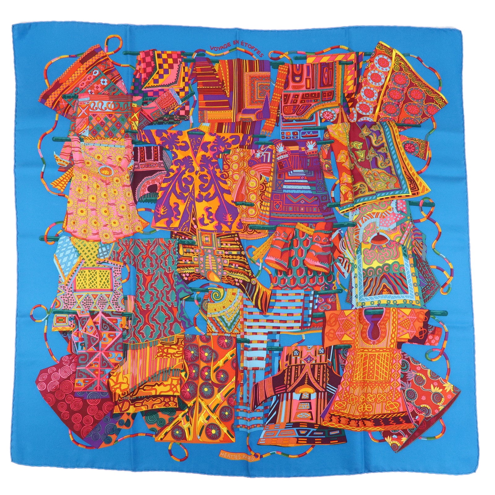HERMES Carre 90 Silk 100% Scarf VOYAGE EN ETOFFES Blue Orange Pink