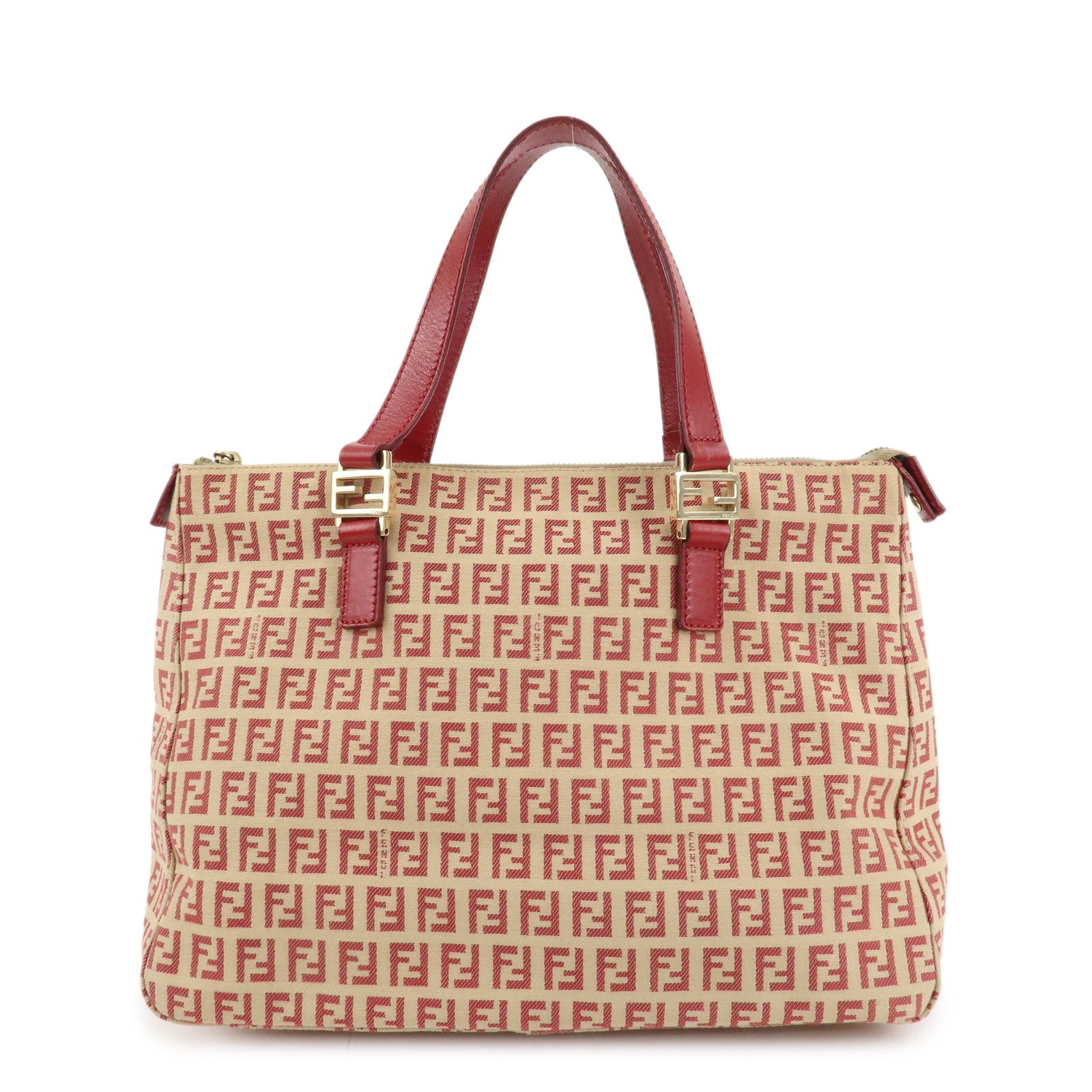 FENDI Zucchino Canvas Leather Hand Bag Beige Red 8BH134 Used