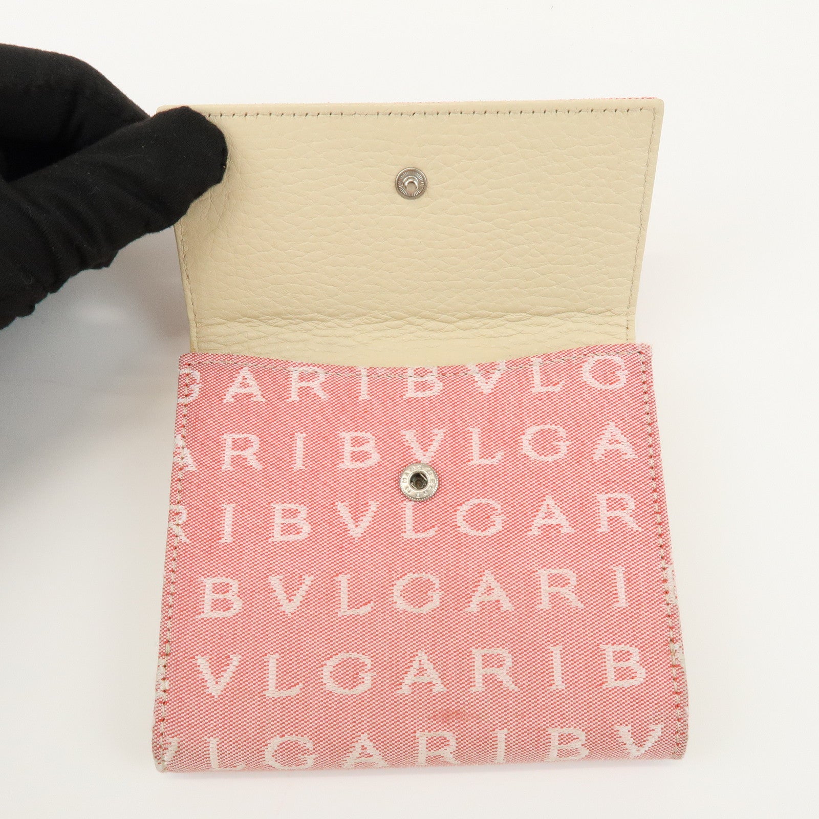 BVLGARI Logo Mania Canvas Leather Compact Wallet Pink Ivory