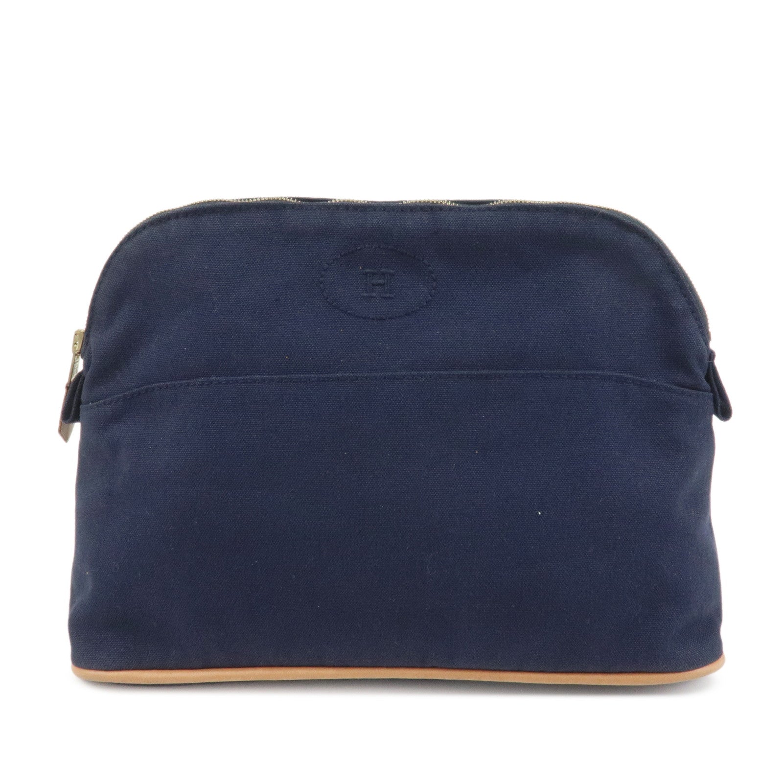HERMES Canvas Leather Bolide Pouch MM Cosmetic Pouch Navy
