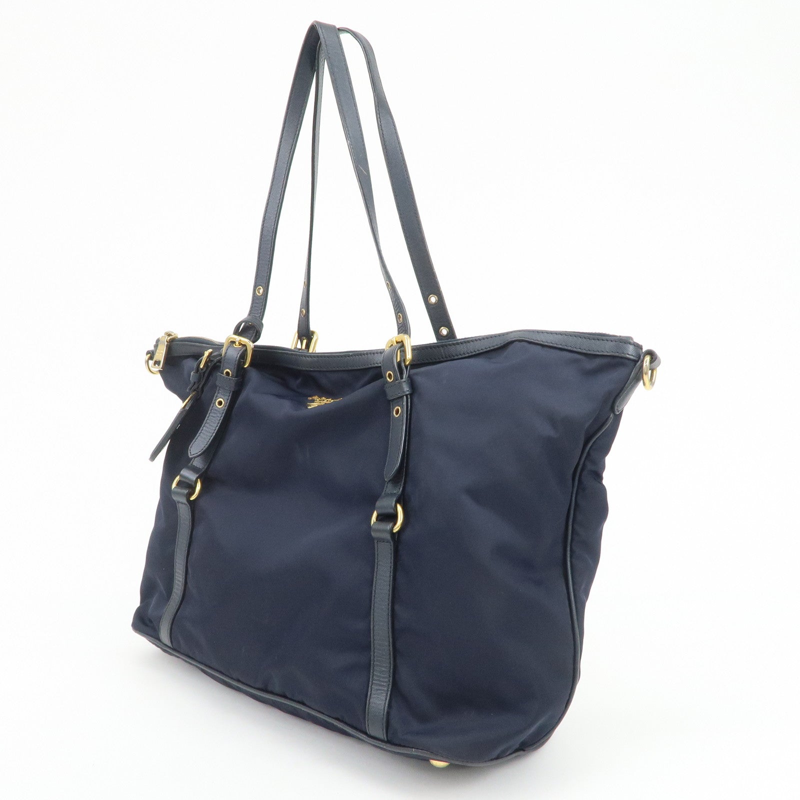 PRADA Nylon Saffiano Leather Shoulder Bag Tote Bag Navy
