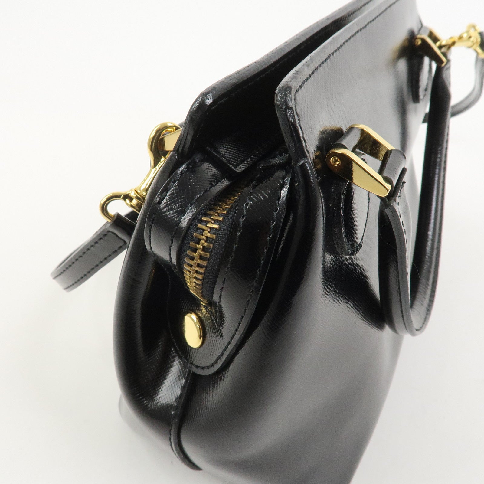 VERSACE Leather 2Way Hand Bag Shoulder Bag Black Gold