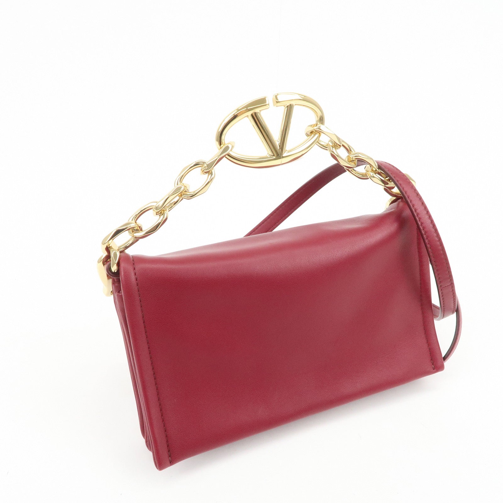 VALENTINO Leather 2Way Bag Shoulder Bag Hand Bag Wine Red