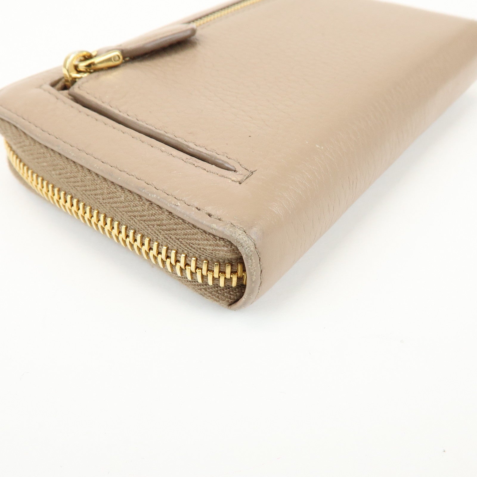 PRADA Calf Leather Compact Round Zippy Wallet Beige Gold