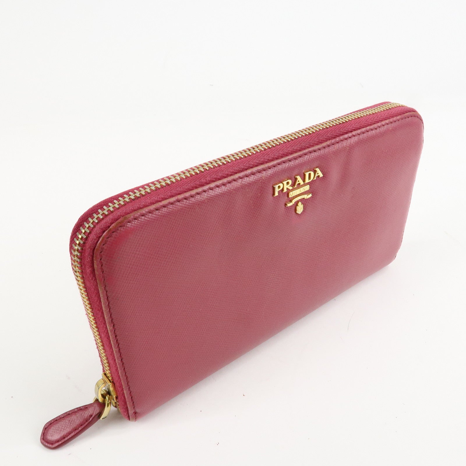 PRADA Logo Saffiano Leather Round Zippy Long Wallet Pink 1M0506 Used