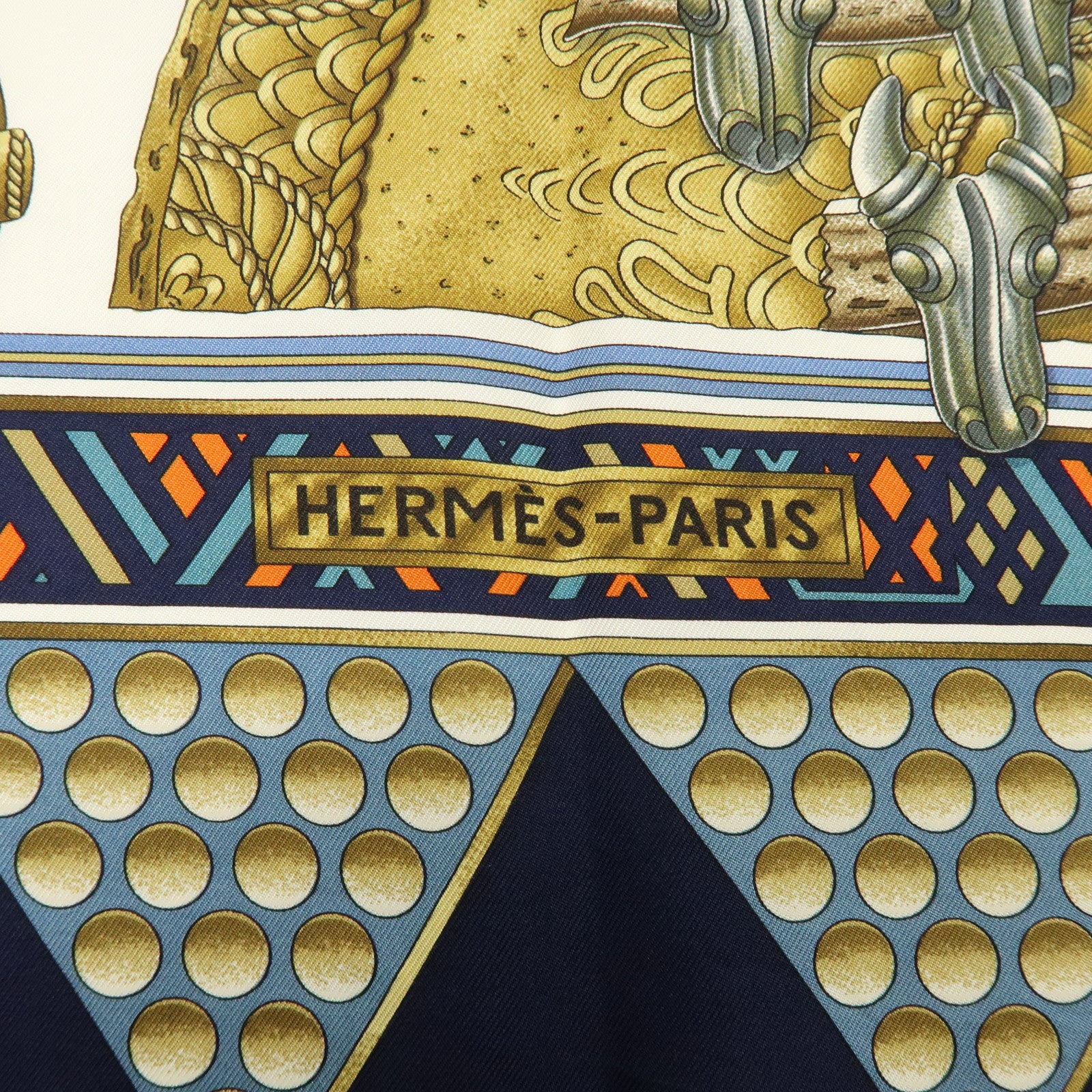 HERMES Carre 90 Silk 100% Scarf L'OR DES CHEFS Gold Navy
