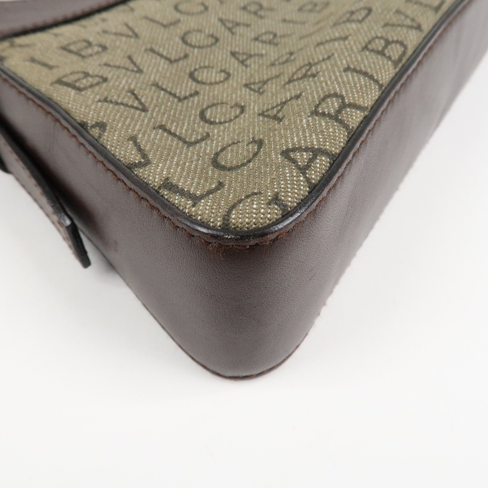 BVLGARI Logo Mania Canvas Leather Shoulder Bag khaki Dark Brown Used