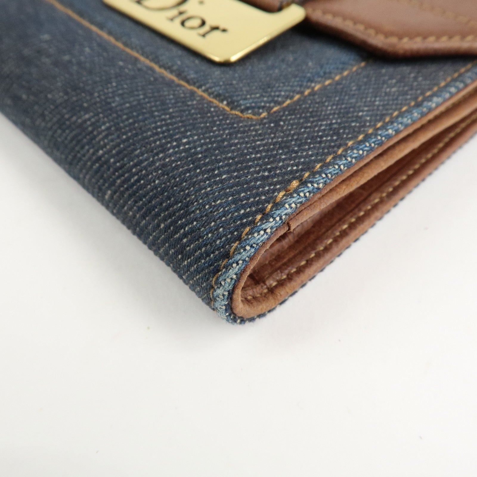 Christian Dior Leather Denim Bi-fold Compact Wallet 46BM-0024 Used