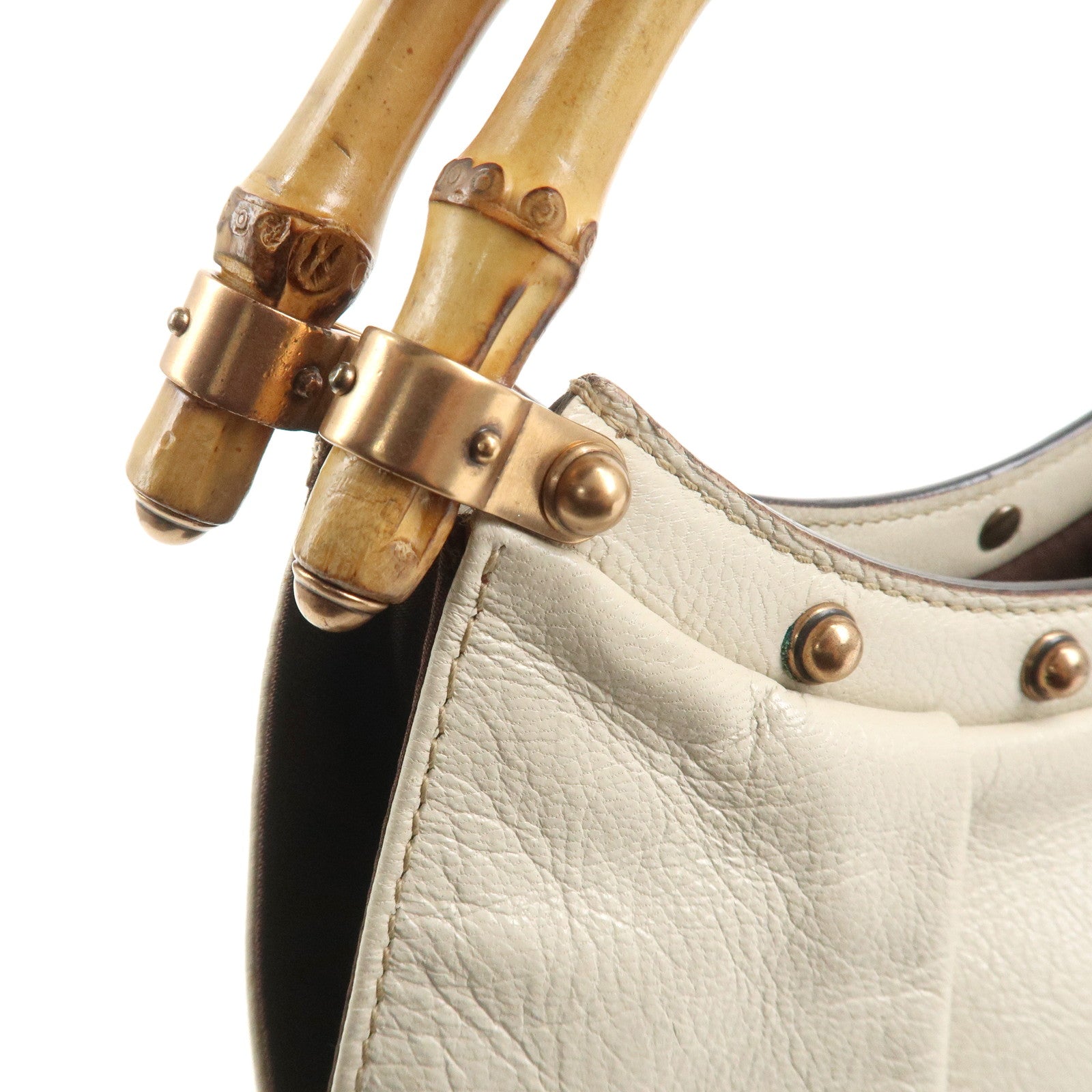 GUCCI Bamboo Leather Studs Shoulder Bag Hand Bag Ivory 124297