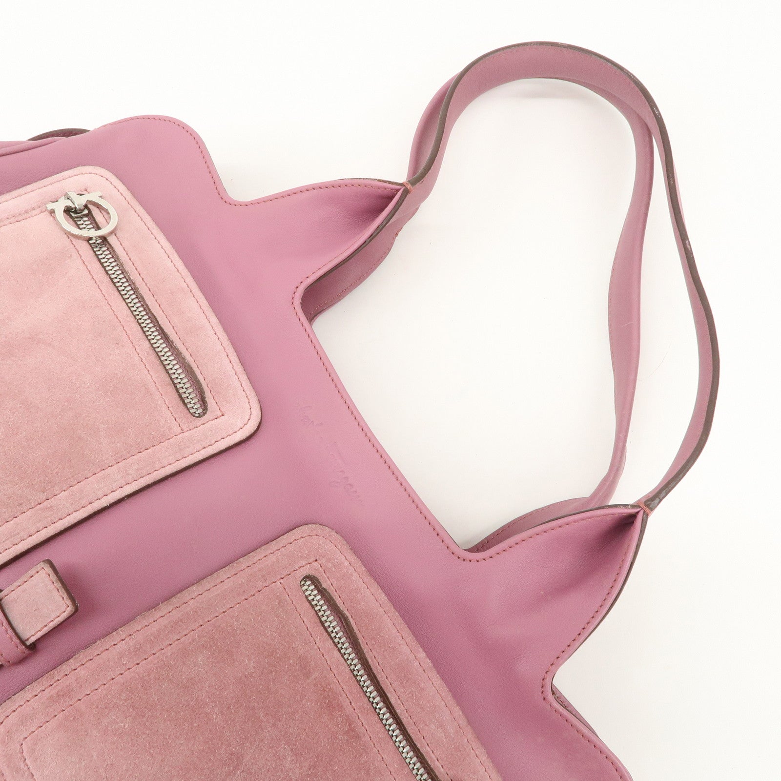 Ferragamo Gancini Leather Suede Shoulder Bag Hand Bag Pink