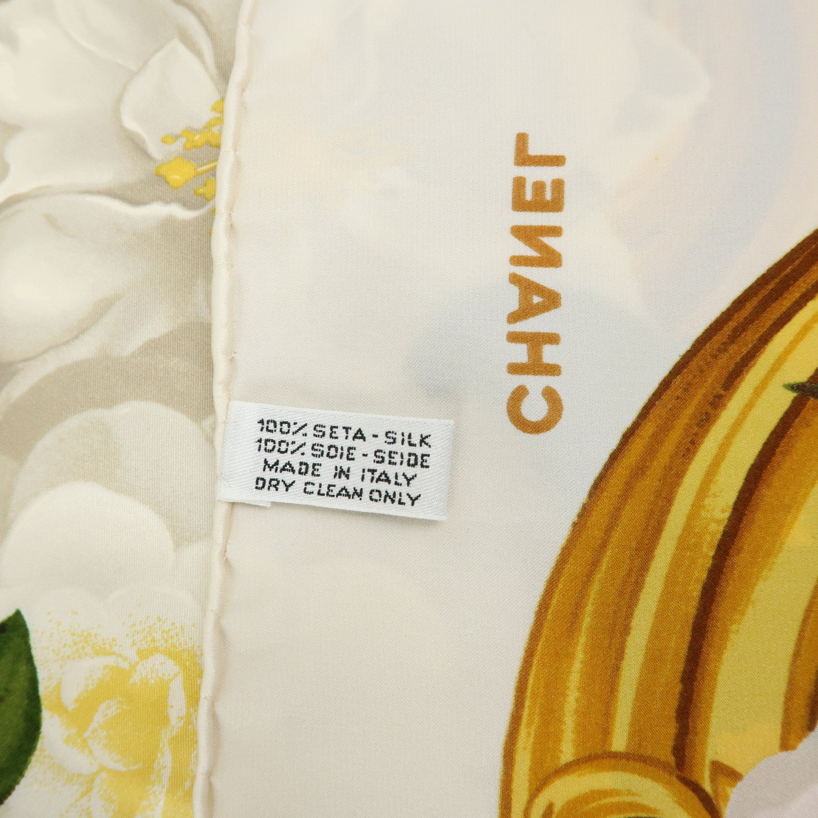 CHANEL Silk 100% Scarf Flower Print White Red Gold