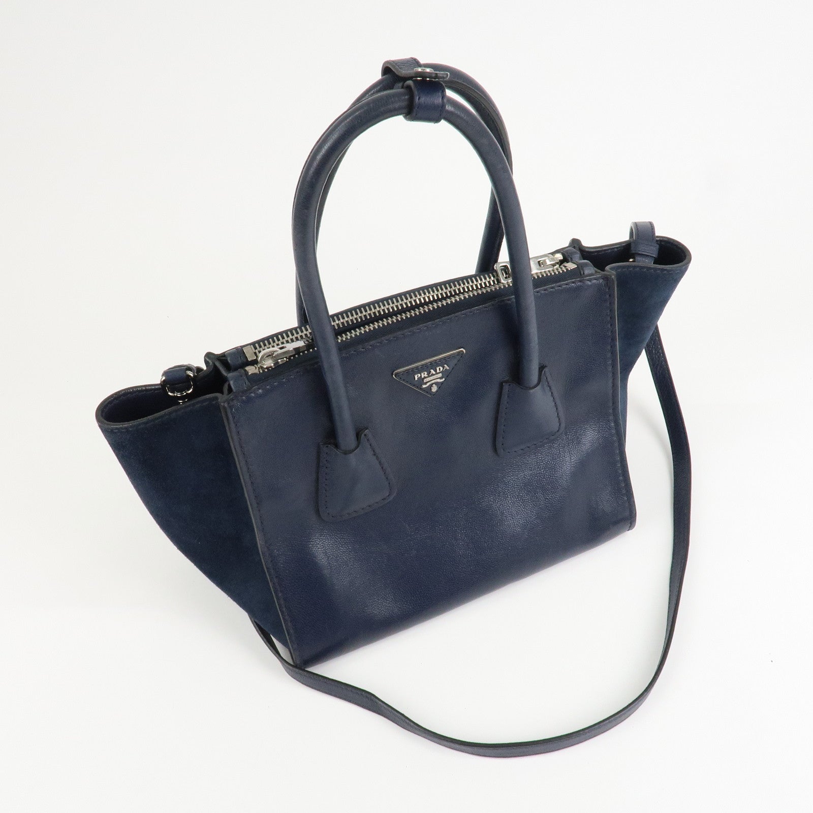 PRADA Triangle Logo Leather 2Way Bag Tote Bag Hand Bag Navy B2625M
