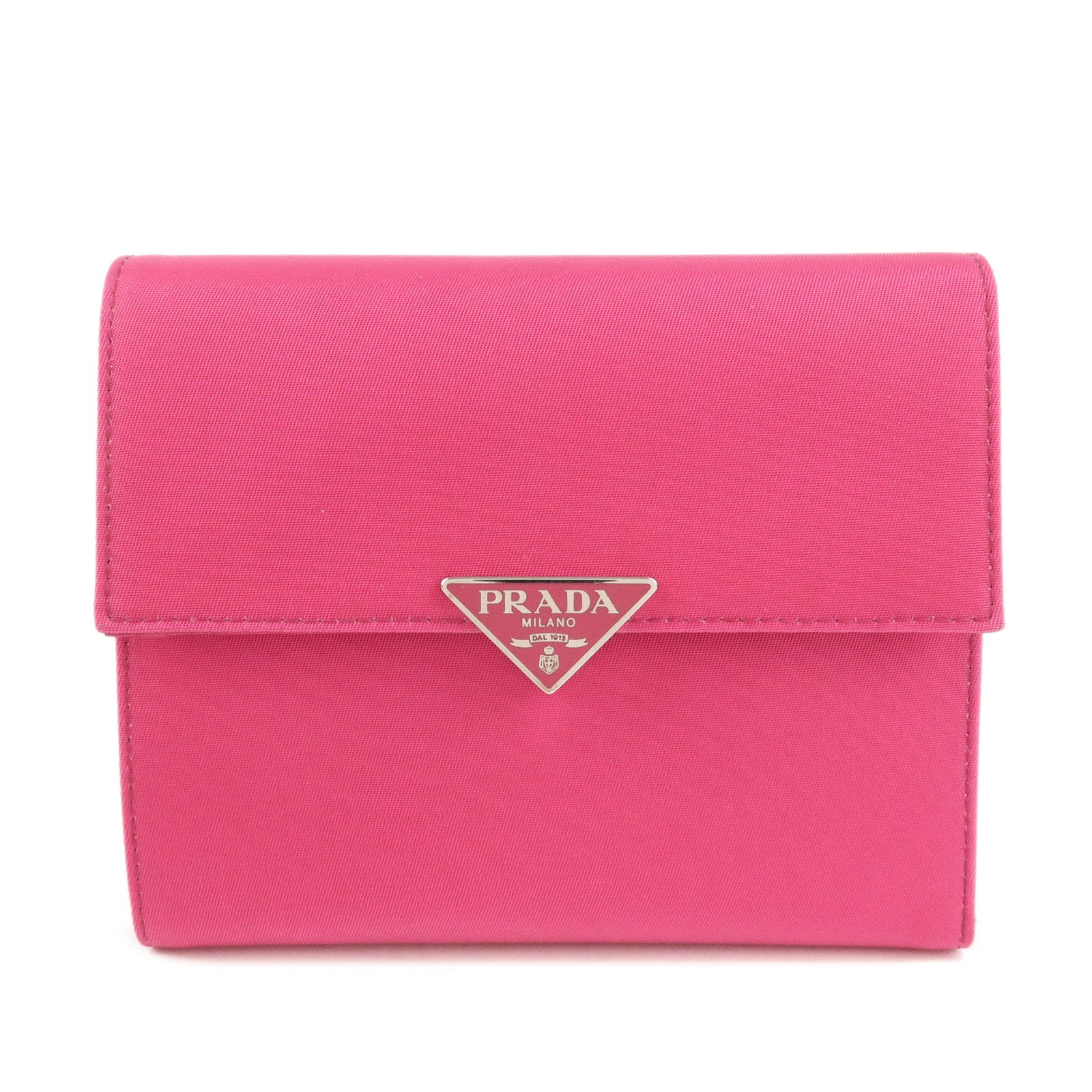 PRADA Triangle Logo Nylon Saffiano Leather Tri-Fold Wallet Pink 1M0170 Used