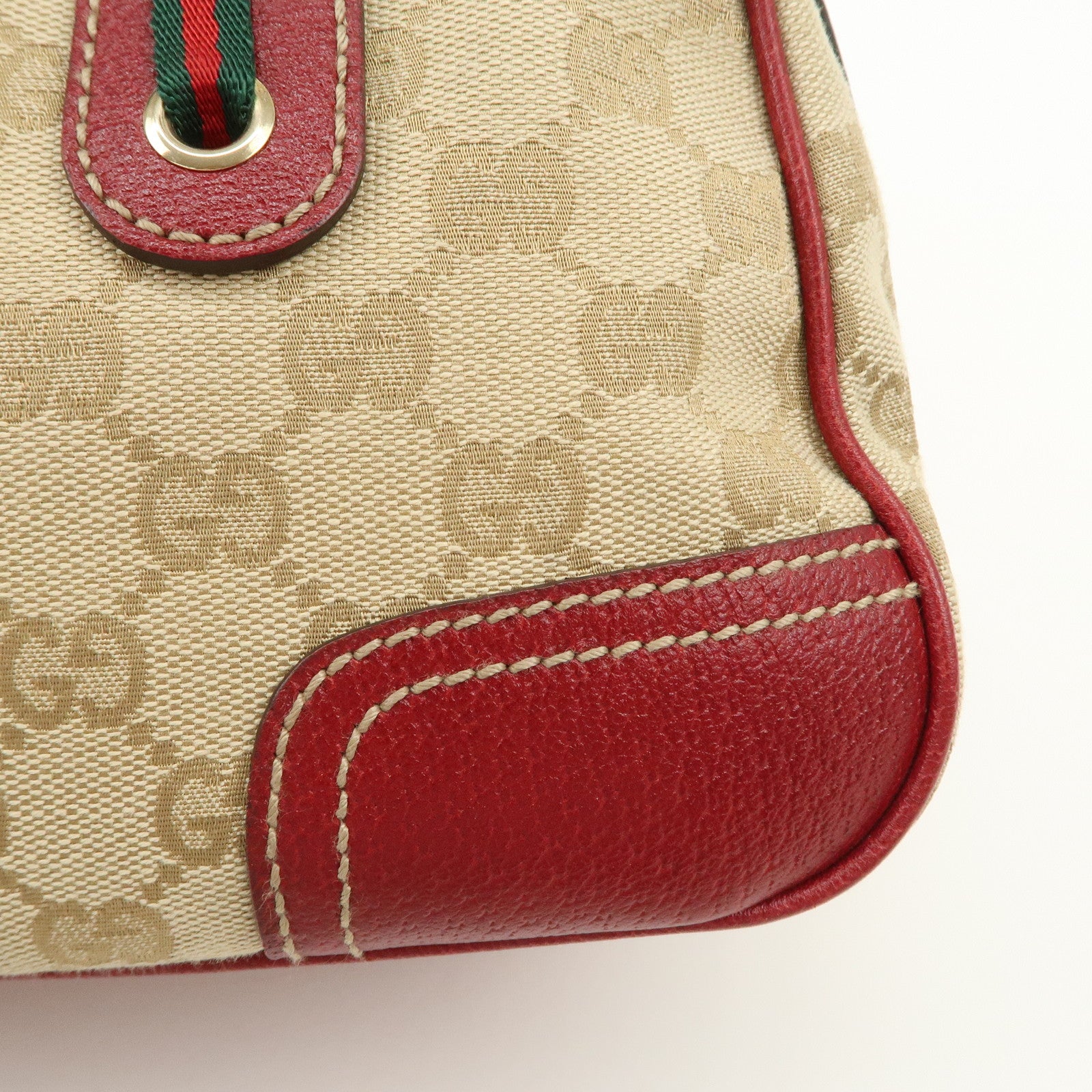 GUCCI Sherry Princy Leather GG Canvas Boston Bag Beige Red 161720