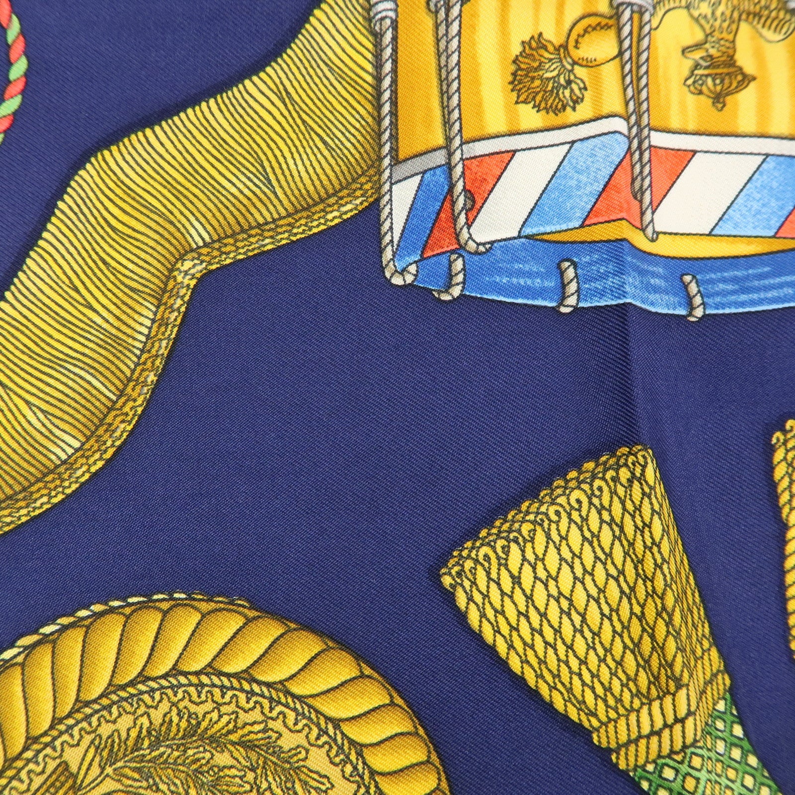 HERMES Carre 90 Silk 100% Scarf LES TAMBOURS Navy Gold