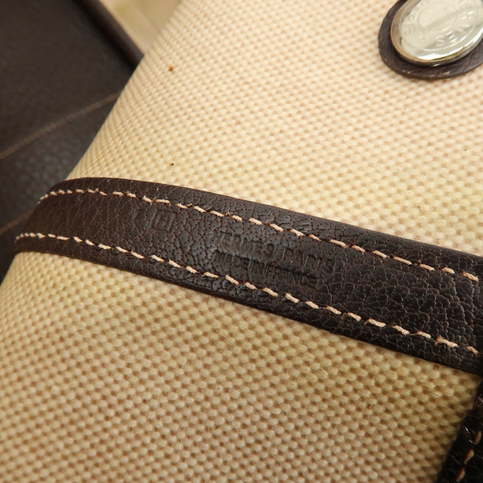 HERMES Garden Party Canvas Leather Tote Bag Beige Brown □H Stamped