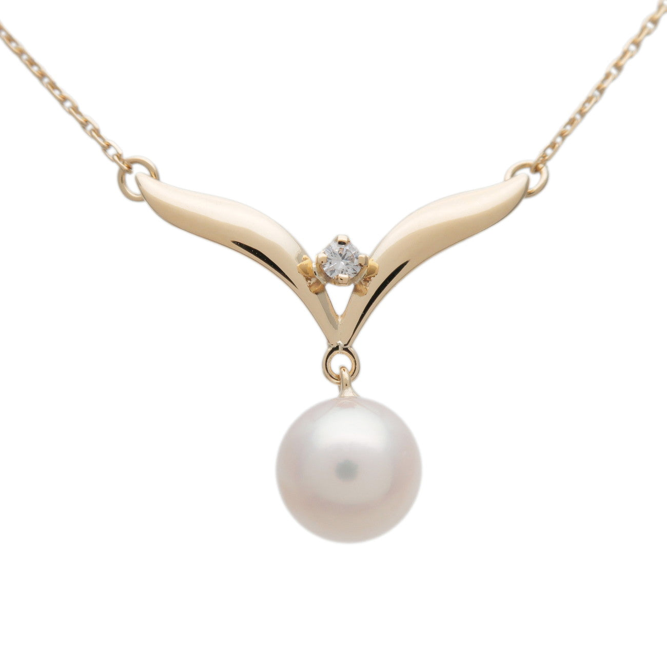 MIKIMOTO Pearl Diamond Pendant Necklace K18 750YG Yellow Gold