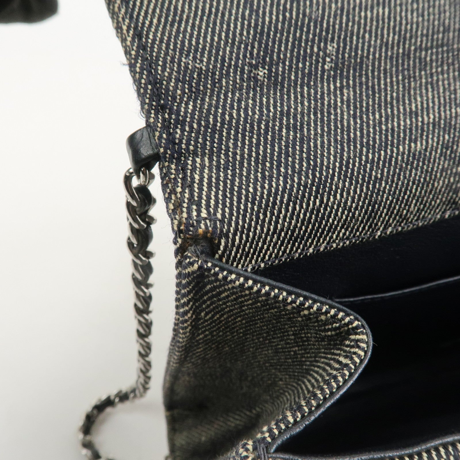 CHANEL Chocolate Bar Denim Leather Chain Shoulder Hand Bag Black