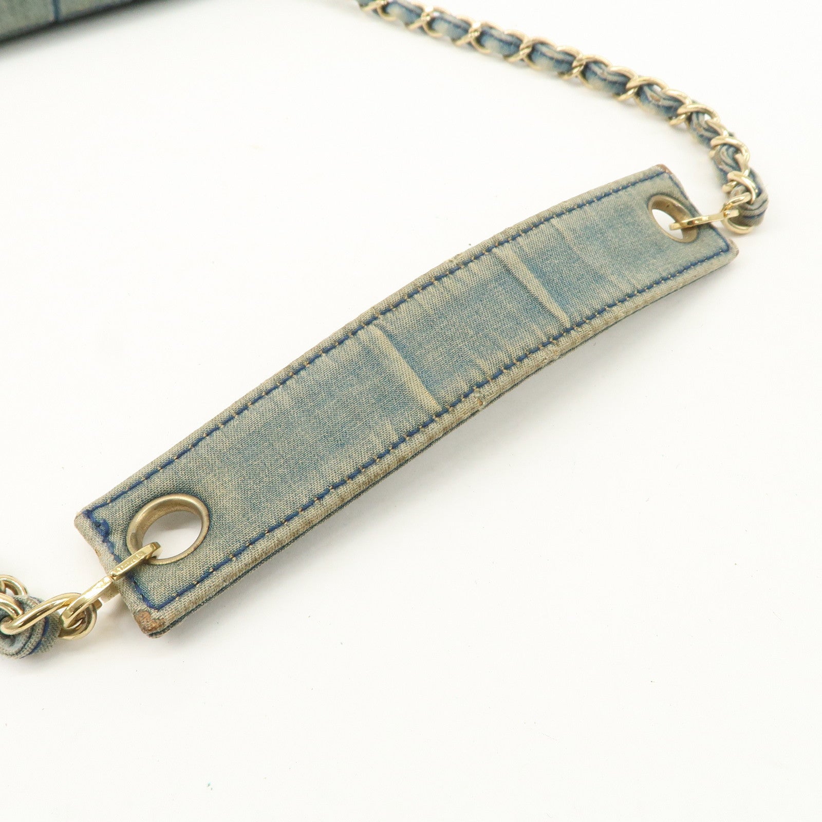 CHANEL COCO Mark Wide Stitch Chocolate Bar Chain Shoulder Bag Blue Gold Used