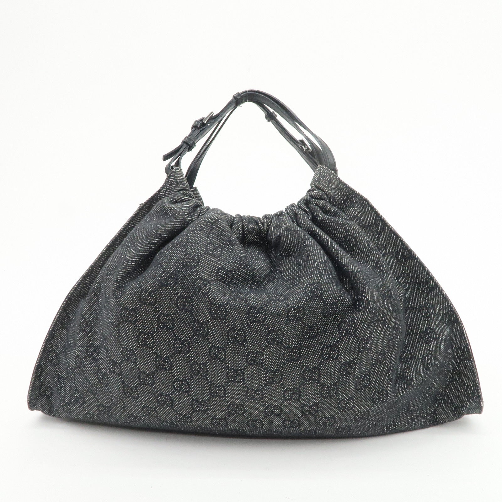 GUCCI GG Monogram Denim Canvas Leather Tote Hand Bag Black 76554