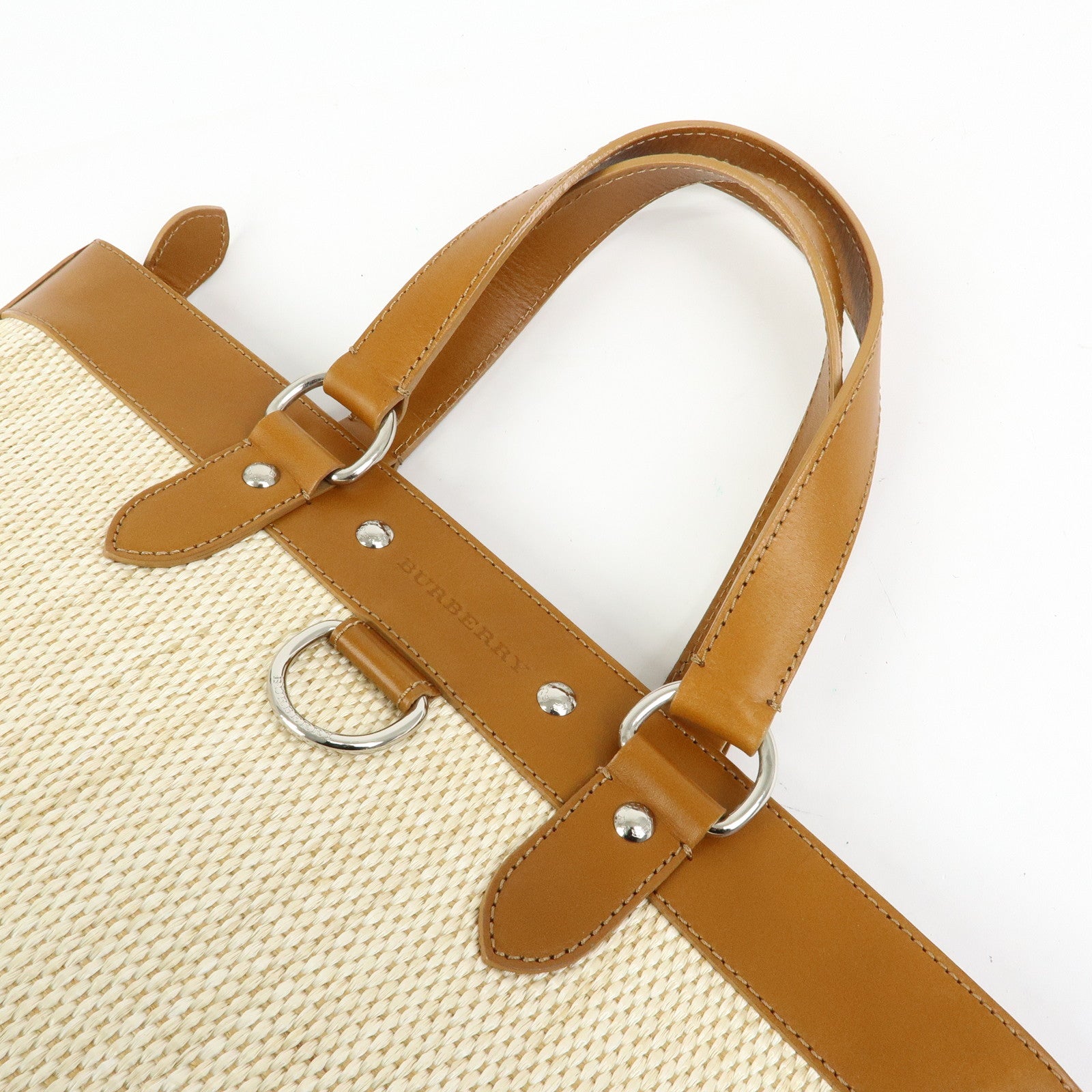BURBERRY Straw Canvas Leather Tote Bag Shoulder Bag Natural Brown
