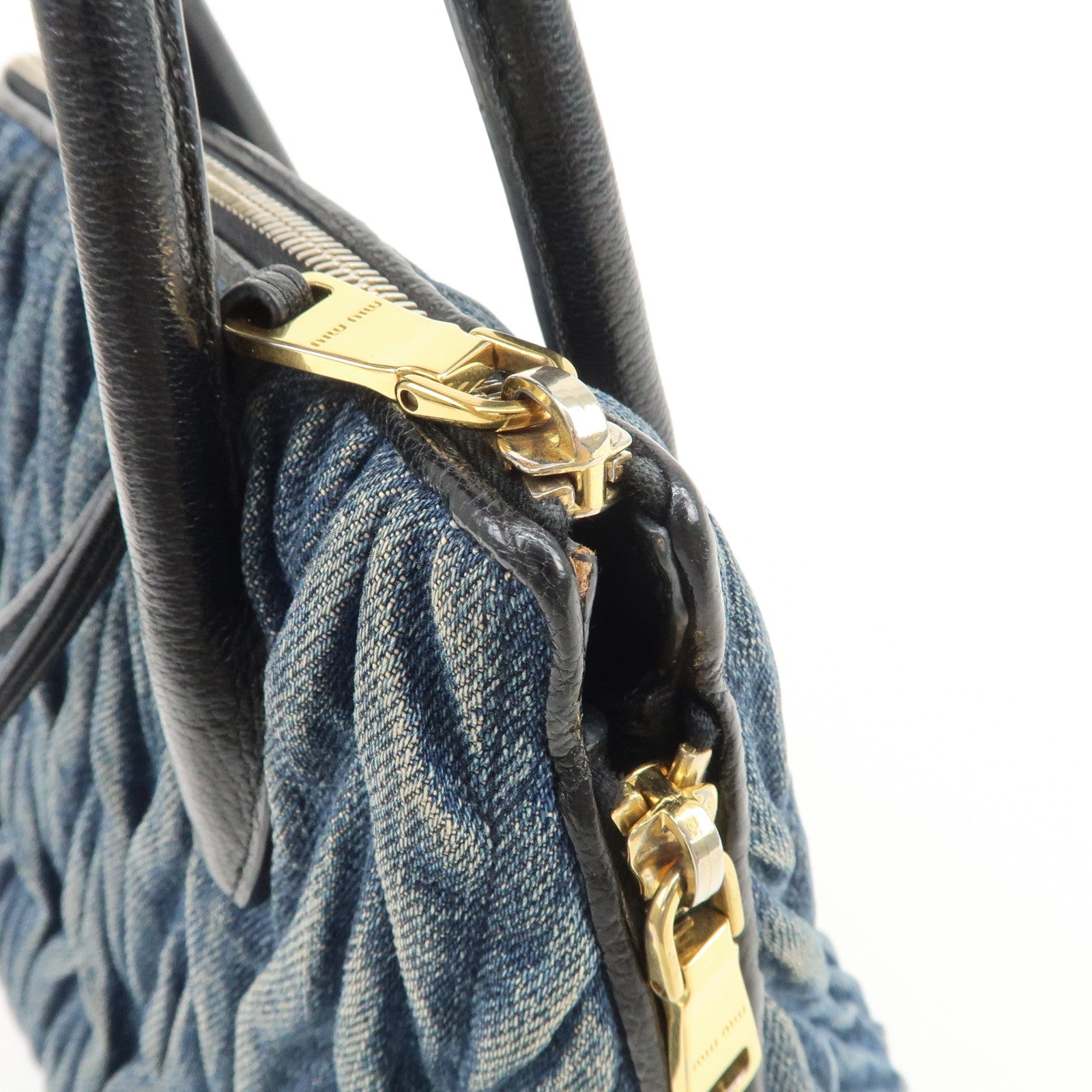 MIUMIU Matelasse Leather Denim 2Way Bag Black Indigo Blue 5BA003 Used