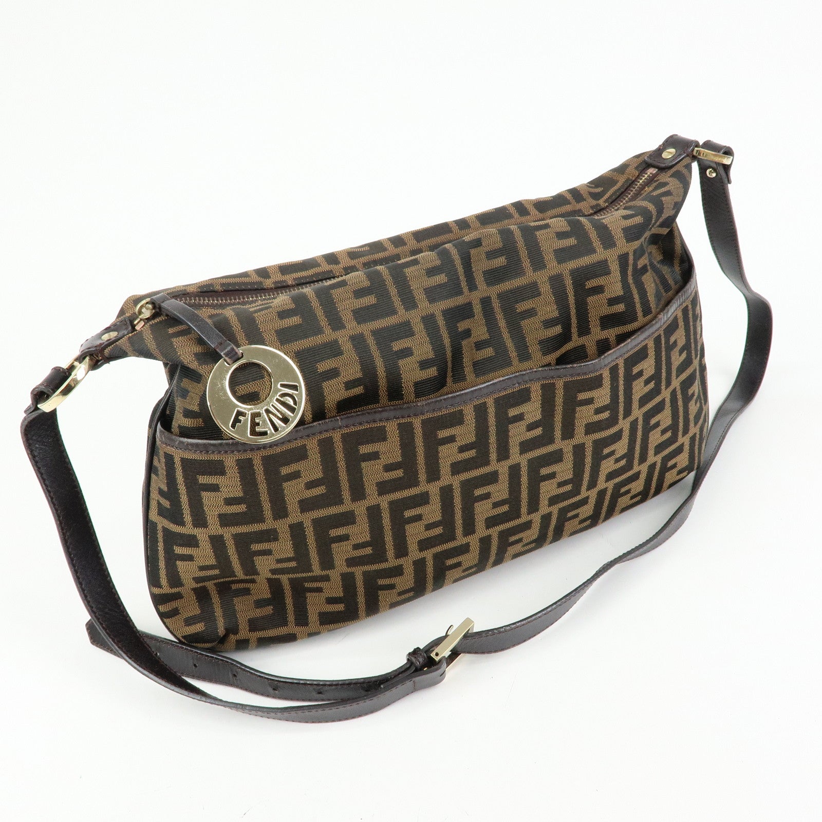 FENDI Zucca Canvas Leather Shoulder Bag Black Brown 8BT191‑JWU