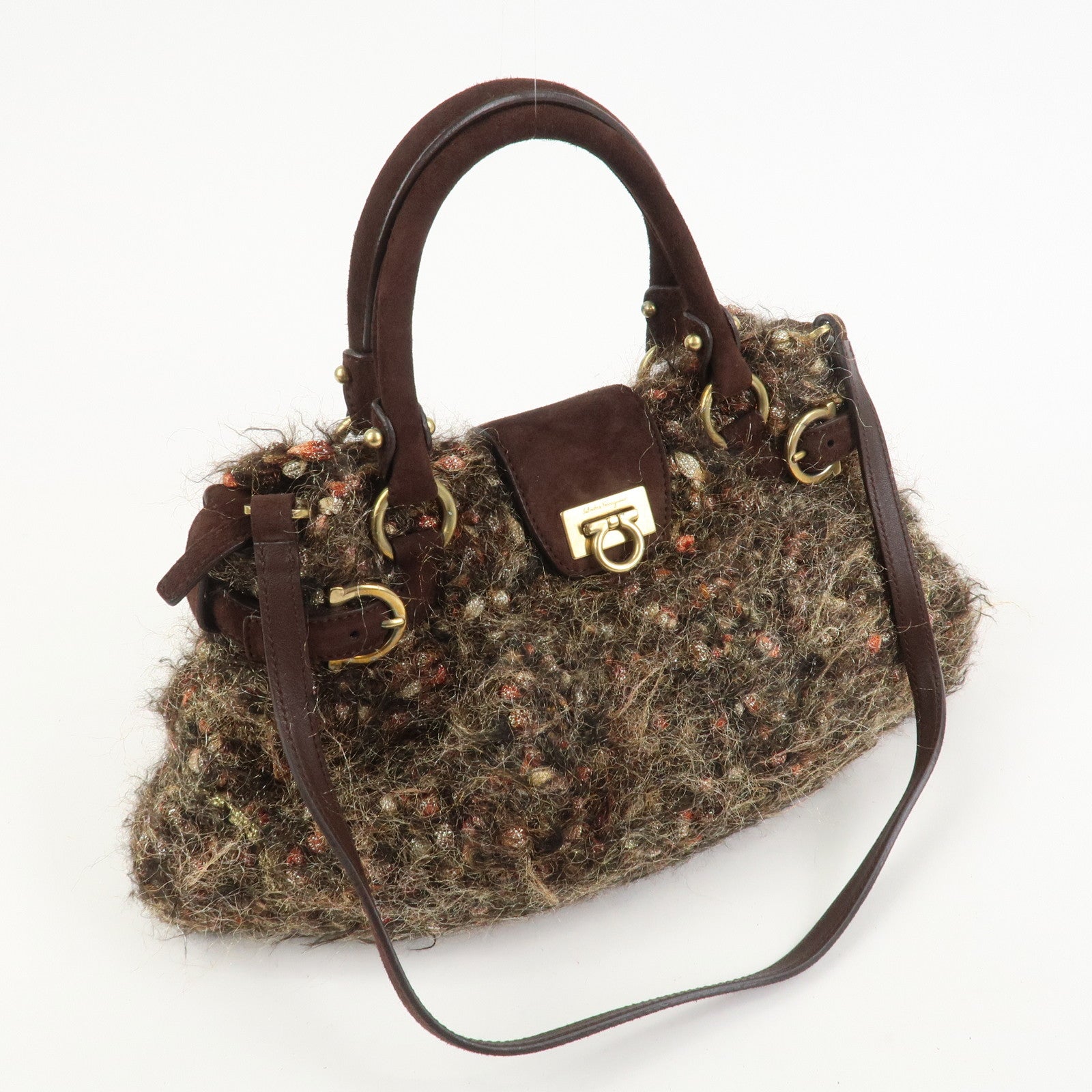 Ferragamo Gancini Wool Suede 2Way Bag Hand Bag Shoulder Bag Brown