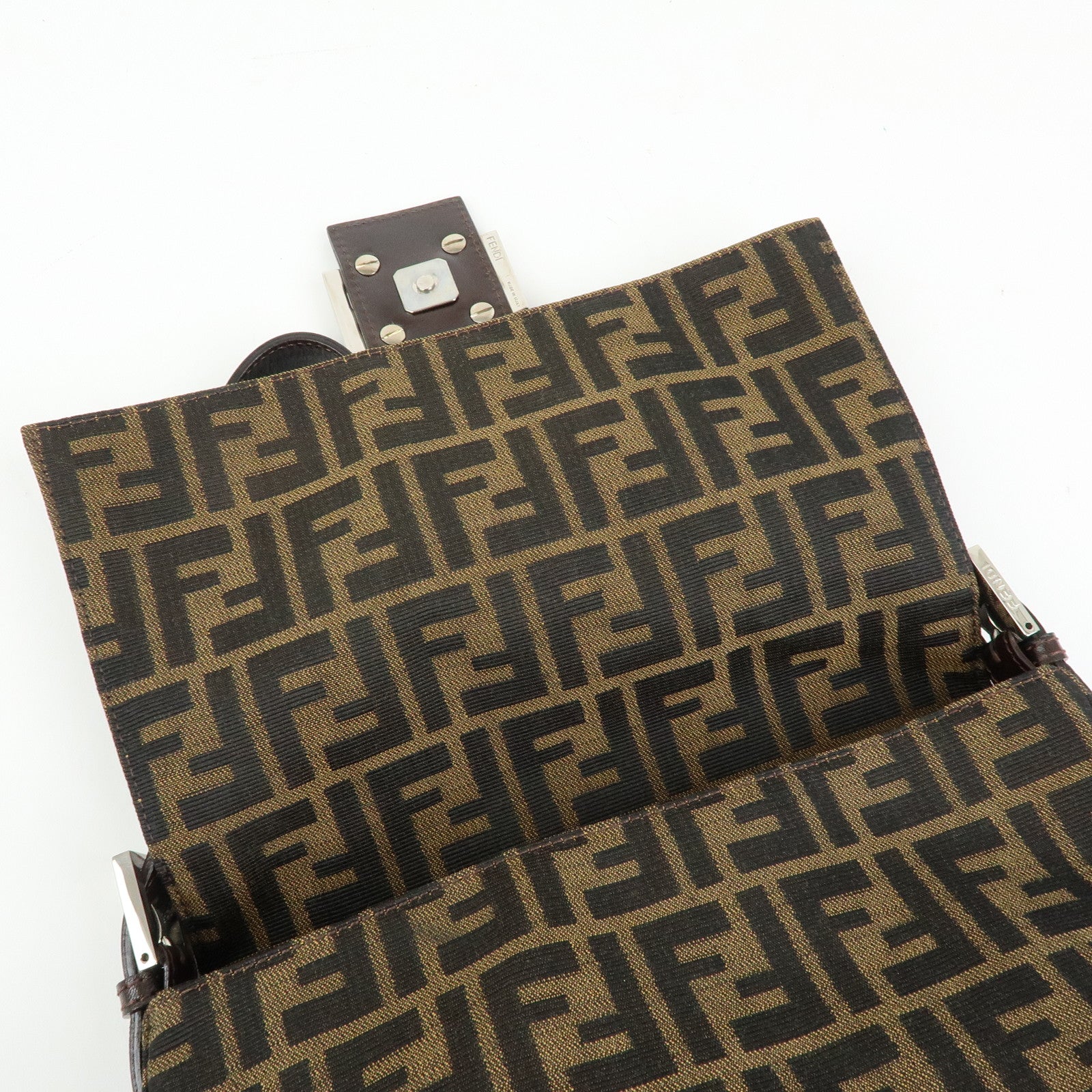 FENDI Mamma Baguette Zucca Canvas Leather Shoulder Bag Brown 26325