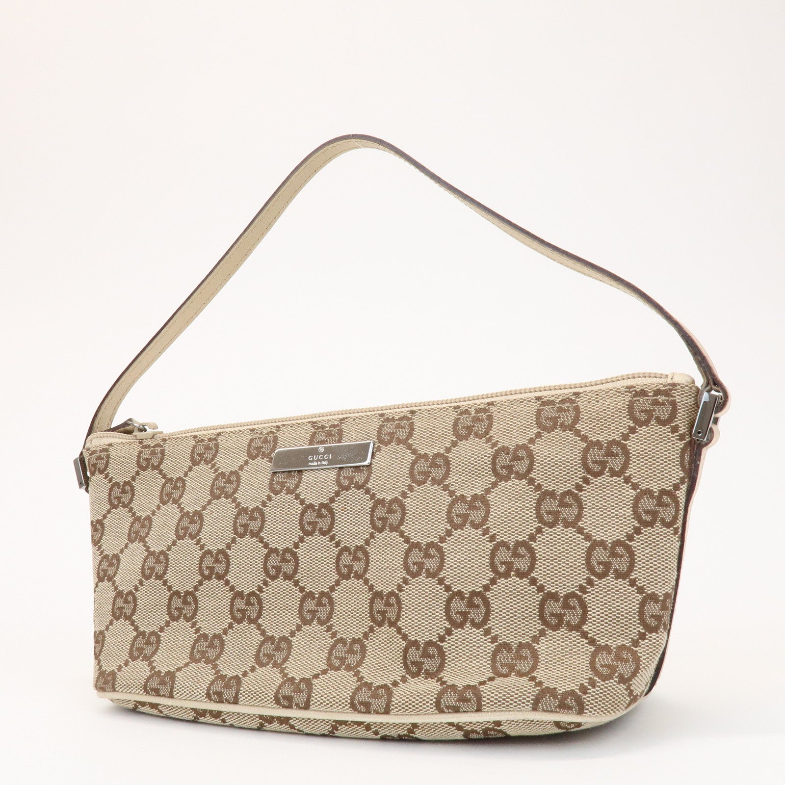 GUCCI Boat Bag GG Canvas Leather Pouch Hand Bag Beige Brown 07198