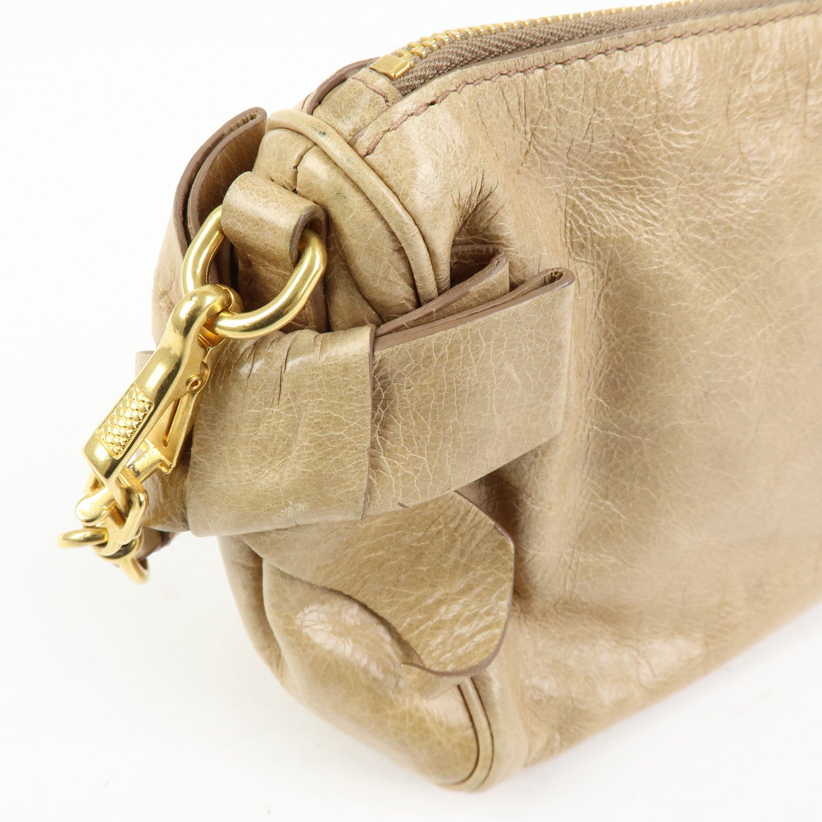 MIU MIU Leather Double Sided Ribbons Hand Bag Shoulder Bag Beige