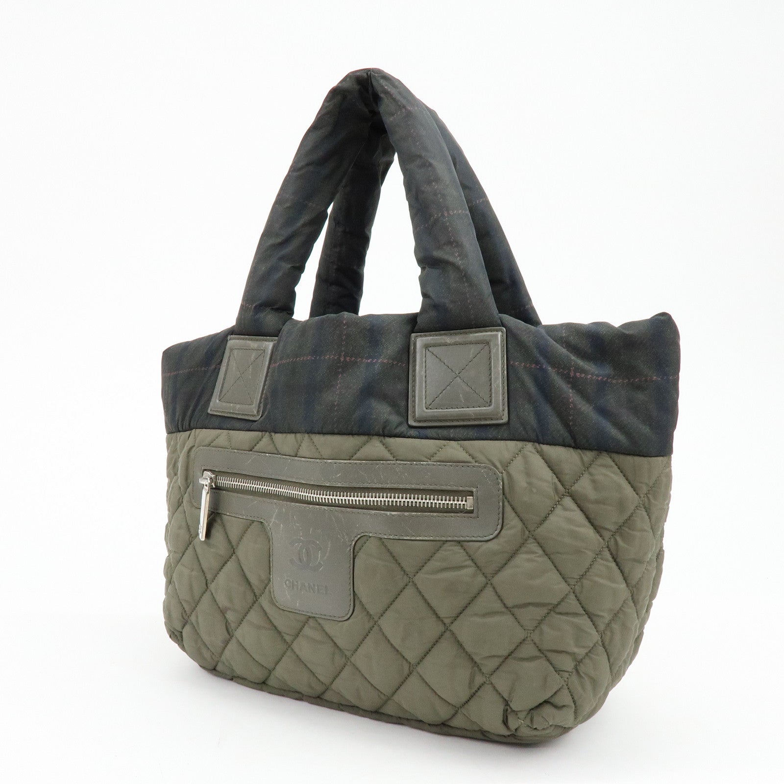 CHANEL COCO Cocoon PM Nylon Tote Bag Dark Green Plaid A48610