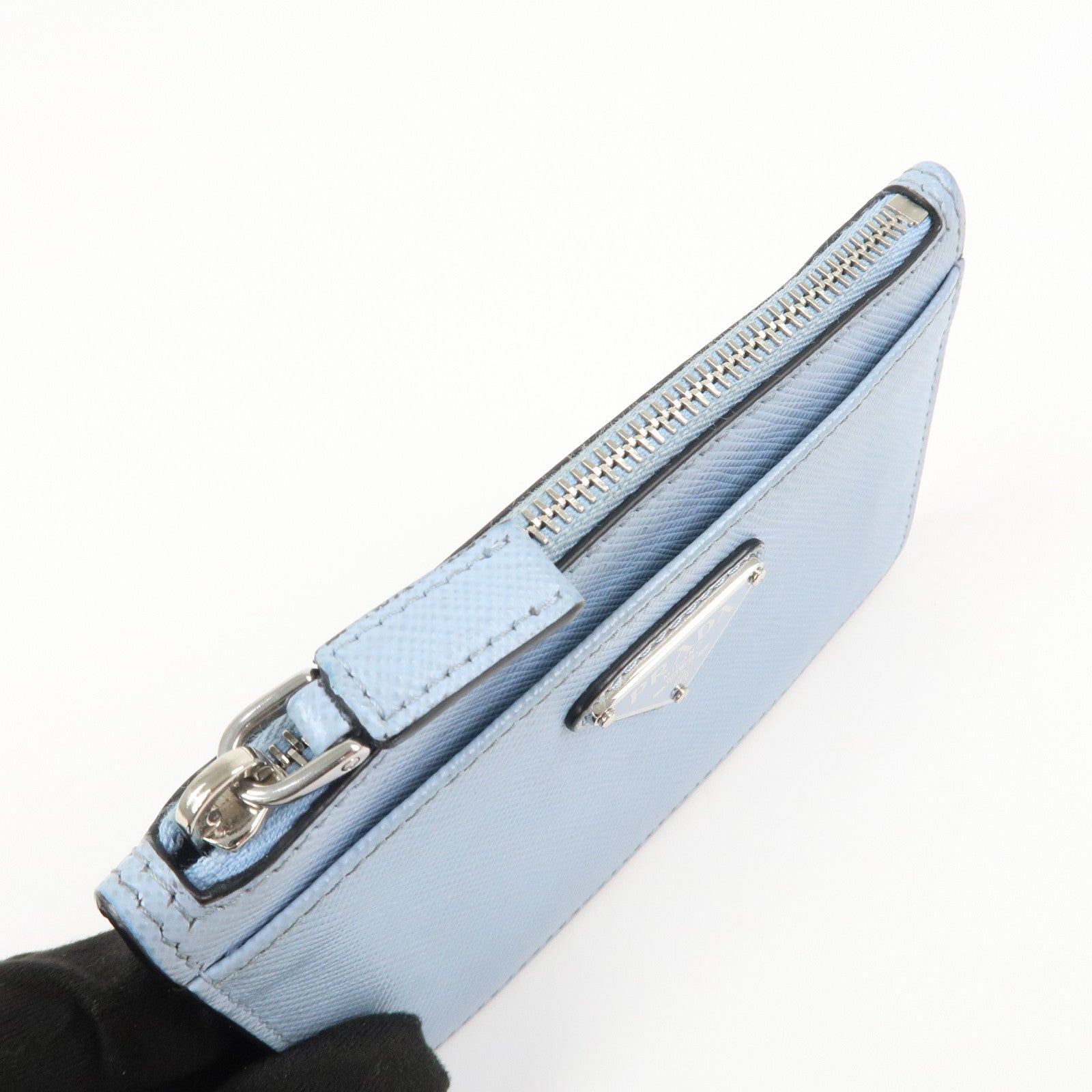 PRADA Triangle Logo Saffiano Leather Card Case Light Blue 2MC084