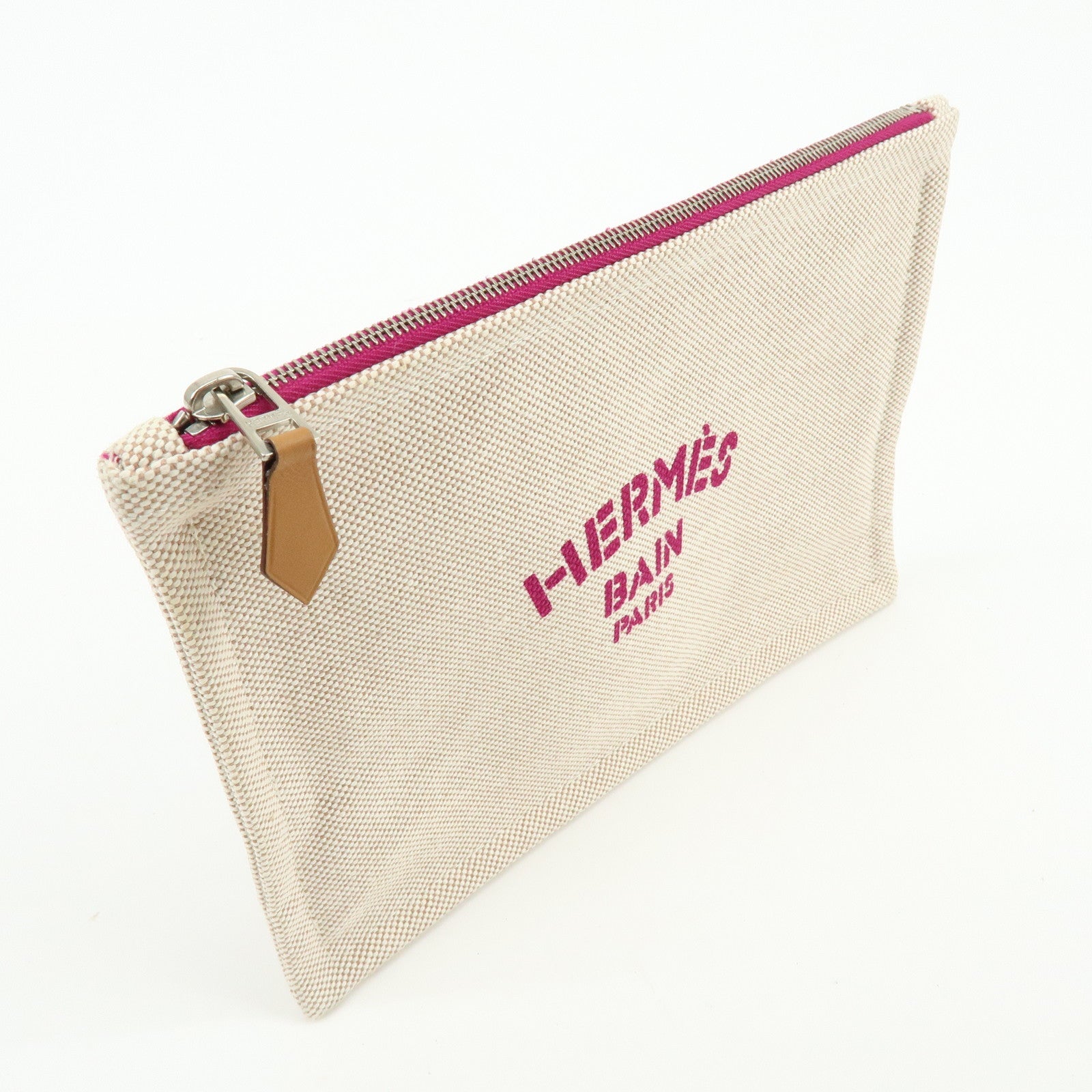 HERMES New Yachting PM Canvas Leather Flat Pouch Beige Purple
